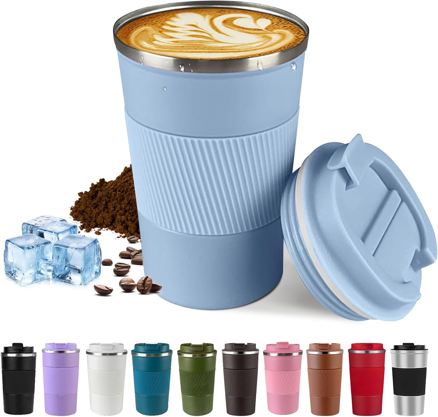 Vacuum-Insulated Stainless Steel Travel Coffee Mug, Leak-Proof Reusable Coffee Cup with Lid - Keep Hot & Cold Drinks for Hours, Durable Thermos Tumbler for Men & Women (3rd-Light Blue, 12OZ)