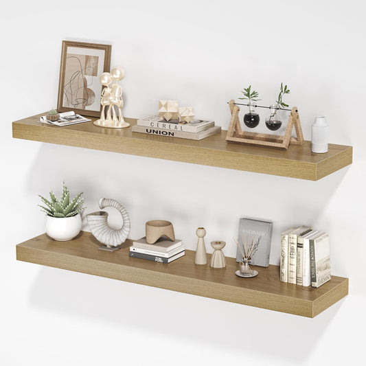 Floating Shelves for Wall, 40" W x 8" D x 1.5" H, Wooden Wall Mounted Display Shelves with Invisible Brackets for Living Room, Bedroom, Bathroom, Kitchen Decor and Storage, Set of 2, Oak