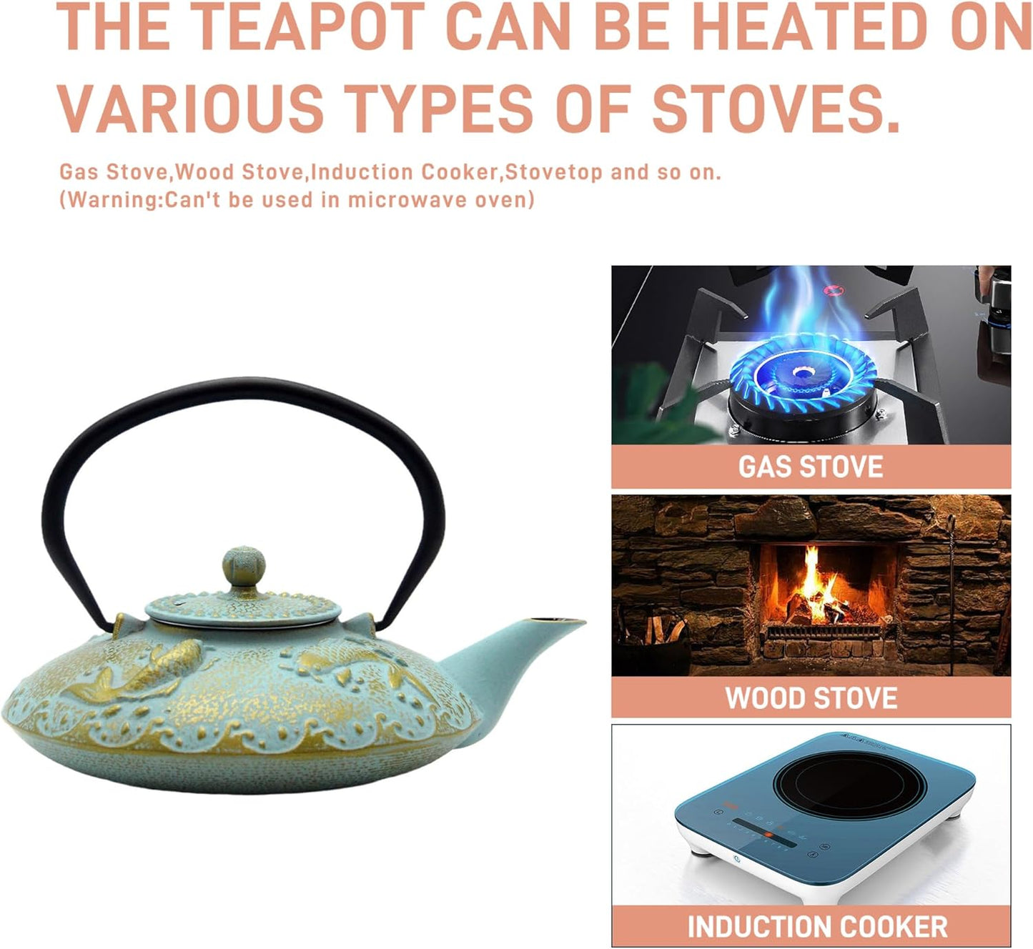 27.1oz Small Cast Iron Teapot, SECHUDO Japanese Style Tea Kettle Coated with Enameled Interior for Stovetop Safe,Cast Iron Tea Pot with Stainless Steel Strainer for Loose Leaf,Flat Fish Pattern(800ml)