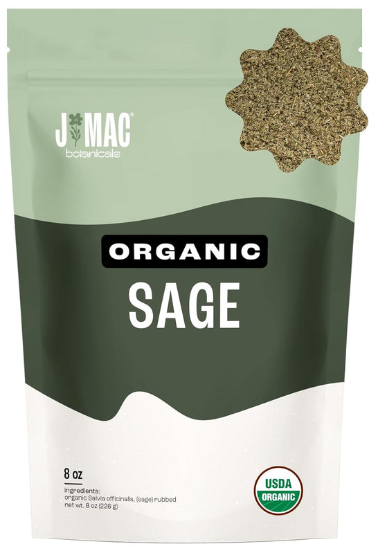 J Mac Botanicals, Organic Rubbed Sage (8 oz), Certified USDA Organic, Dried Rubbed Sage Leaf. Culinary Grade-excellent for sausage making, fresh Albanian harvest