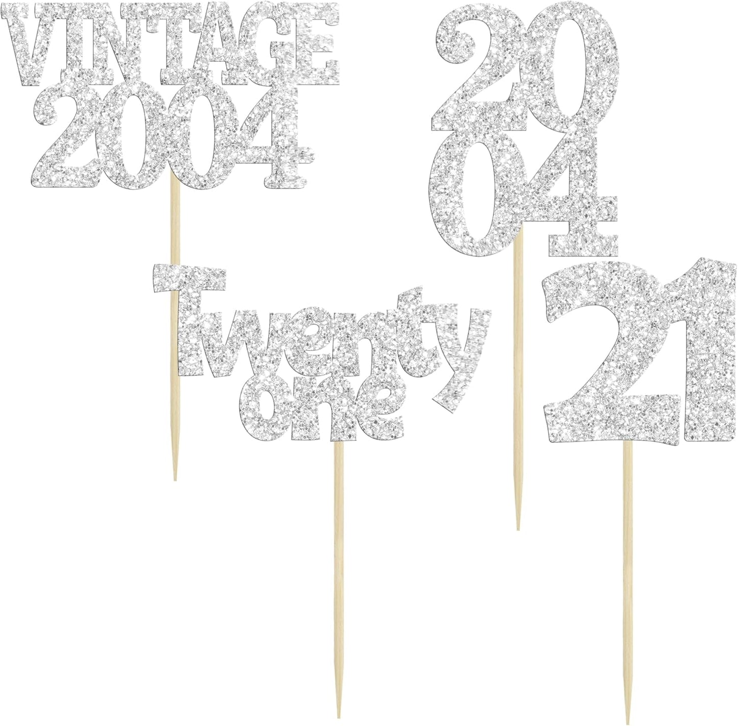 Gyufise 24Pcs 21st Birthday Cupcake Toppers Glitter Twenty-one Vintage 2004 Hello 21 Years Birthday Cupcake Picks Cheers to 21 Cake Decor for Happy 21st Anniversary Party Supplies Silver