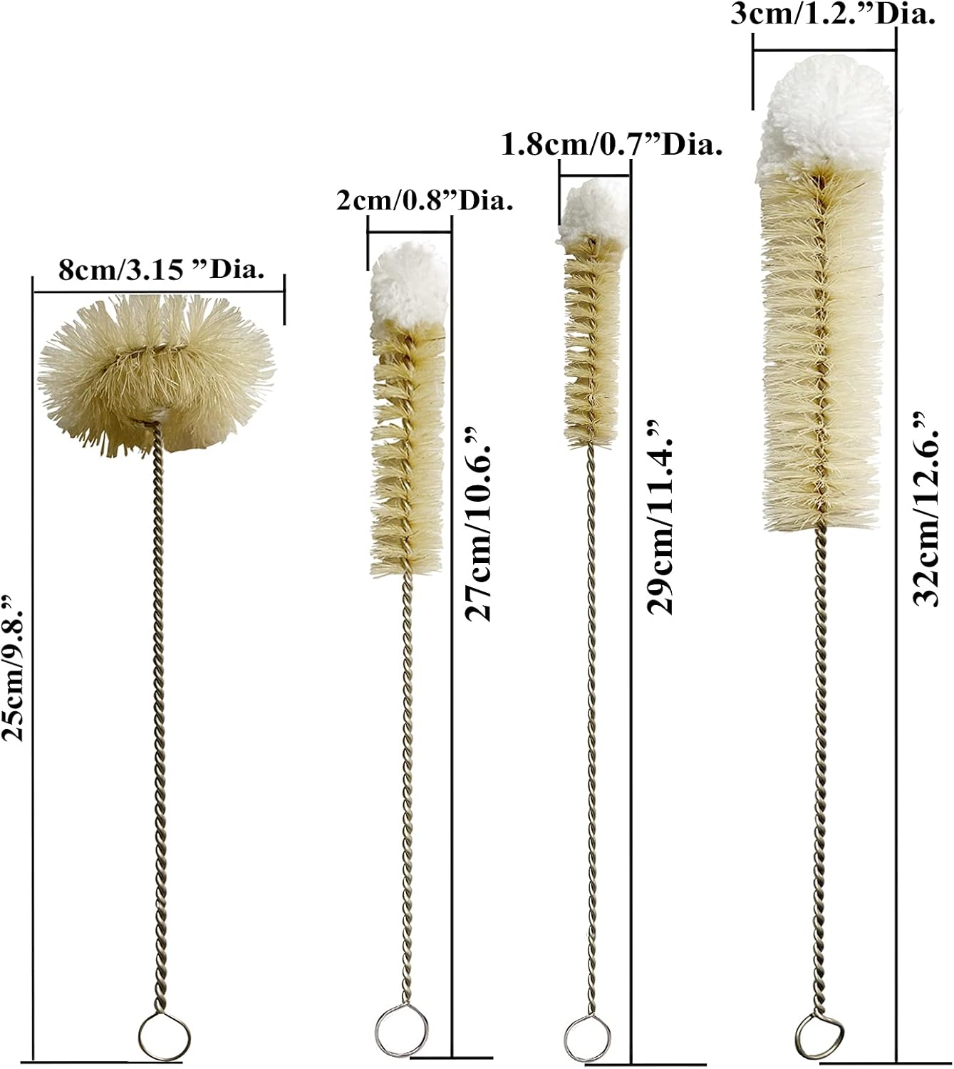 Coralpearl Bottle Brushes Thin Long Handle X 4, Skinny Wire Cleaner Set in Stainless Steel with Natural Boar Bristle at Wool Tip, Bendable Flexible for Cleaning Narrow Neck Bottles, Pipe, Tube, Hose