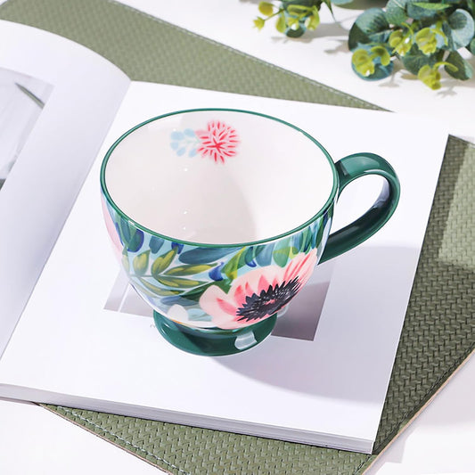Vintage Flower Mugs – Large Ceramic Coffee Mug (15oz) – Cute Cereal Cup for Breakfast, Oatmeal Tea & Hot Drinks – Handmade Ceramic Cup with Floral Design