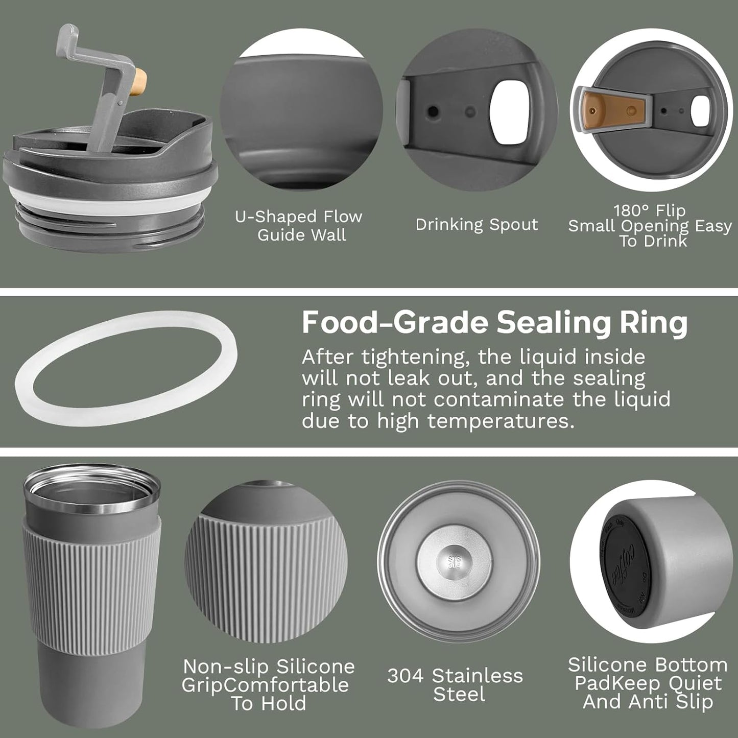 YINBAOGE Insulated Travel Coffee Mug Spill Proof Leak Proof Pobtable To Go Camping Stainless Steel Coffee Tumbler Reusable Coffee Cups with Lids Thermos for Hot and Cold Drink (4th-Gray, 15OZ)