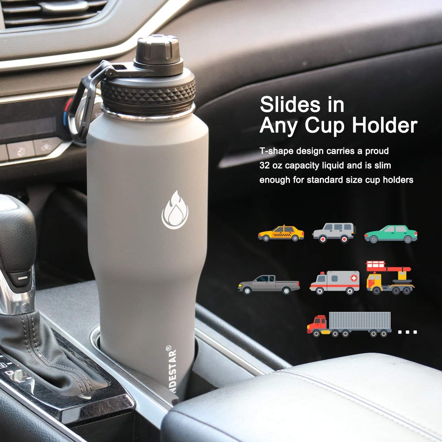 SENDESTAR Water Bottle 32oz,2 Lids(Straw lid),Wide Mouth Stainless Steel Vacuum Insulated Double Wall Keep Liquids Cold or Hot All Day,Sweat Proof Sport Design,Fit Car Cup Holder(Gray)