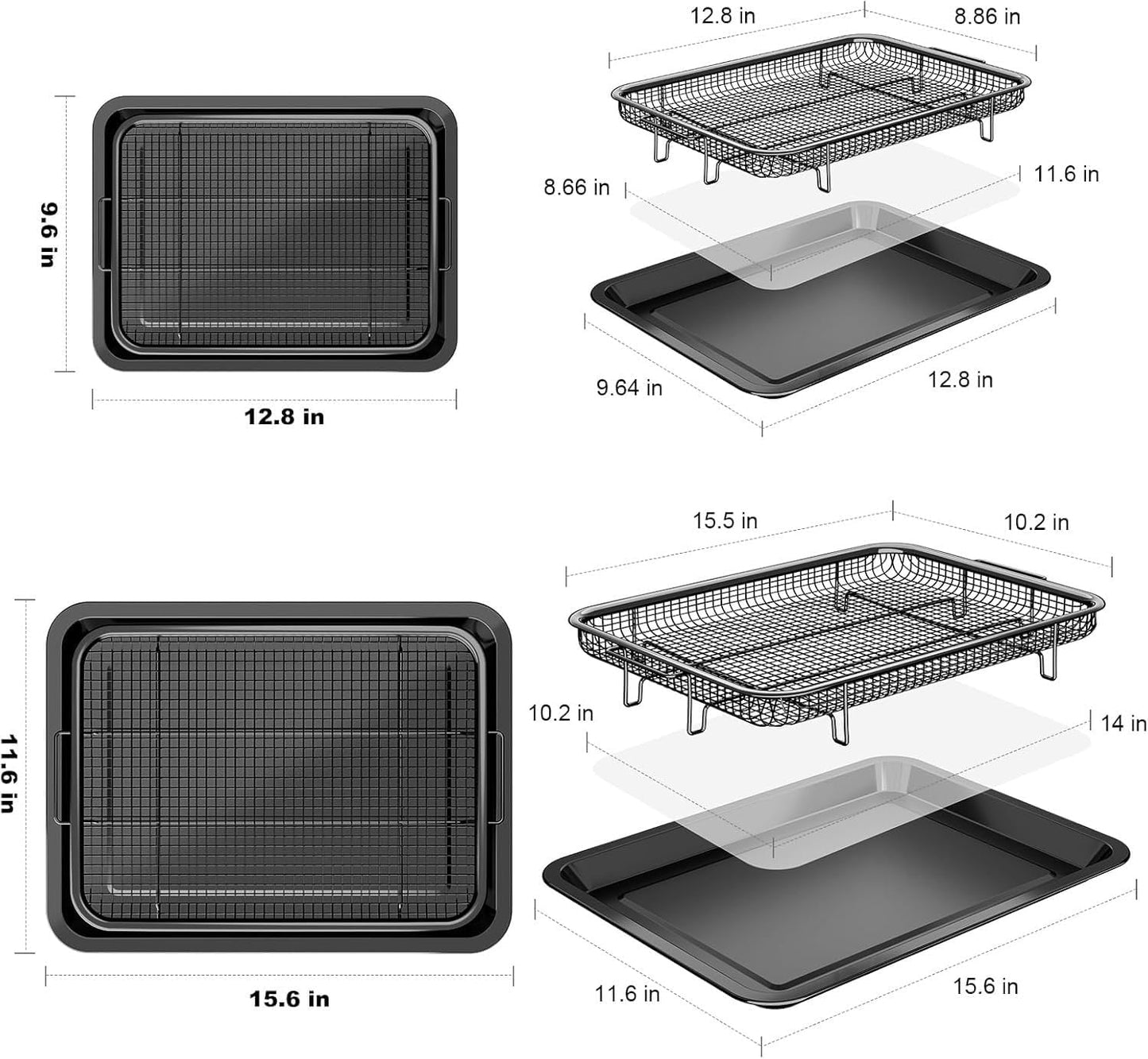 Air Fryer Basket, OPENICE 2 Set Air Fryer Pan and Crisper Tray for Oven, Non-stick Oven Air Fryer Basket for Baking and Crispy Foods - Black