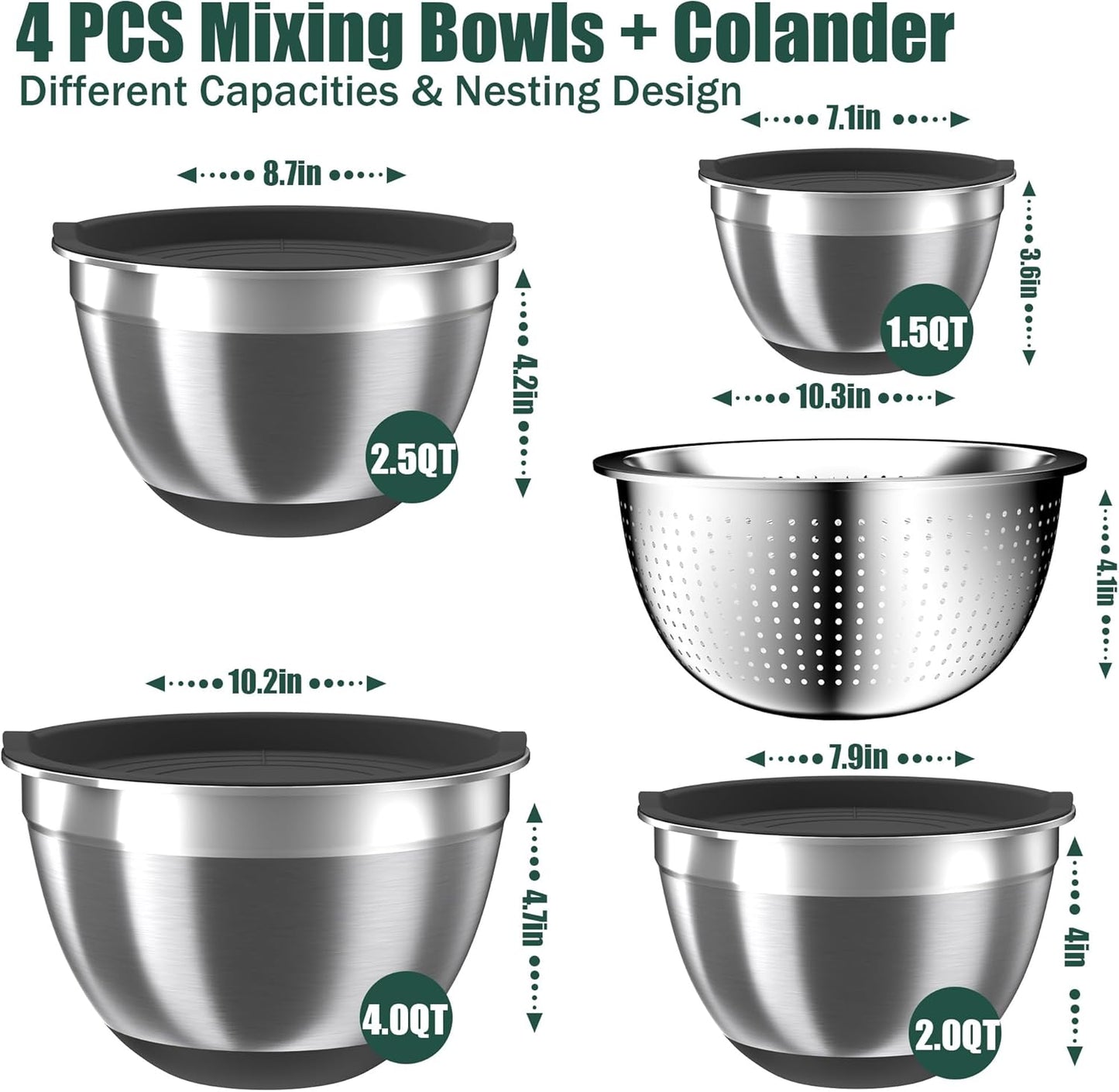 Mixing Bowls with Airtight Lids Set, 4 Stainless Steel Bowls Nesting Bowls & Colander, Kitchen Organizers and Storage Non-Slip Bottom, Size 1.5/2.0/2.5/4.5QT, Great for Mixing & Serving, Black