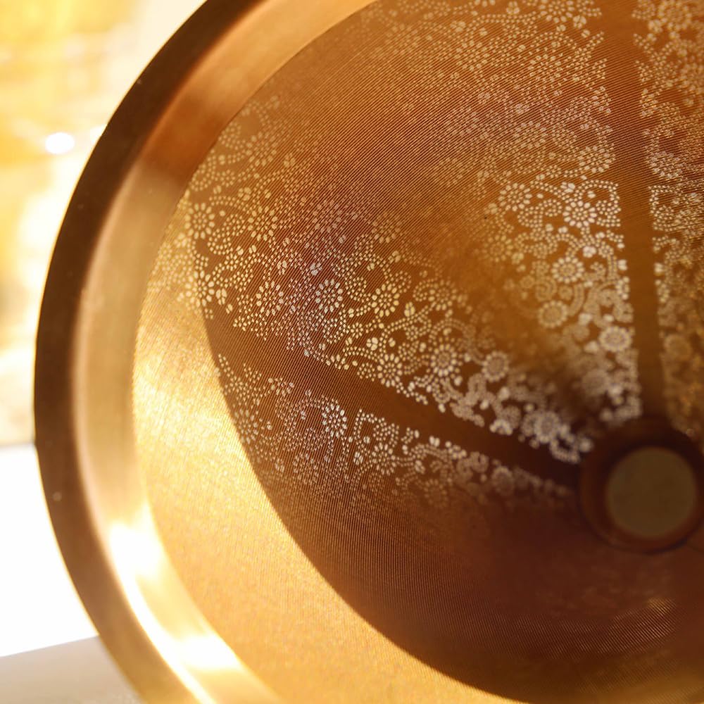 ATHIA Golden Reusable Stainless Steel Pour Over Coffee Dripper, Laser Etched Double Mesh Cone Filter, Paperless, Eco-friendly, Fits Hario, Chemex, carafes & most coffee makers (Golden, Cone Shape)