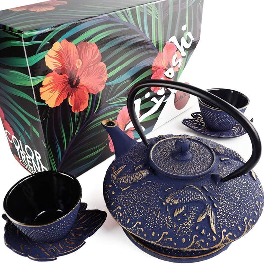 7PC Japanese Tea Set."Midnight Blue Koi" Cast Iron Tea Pot with 2 Tea Cups, 2 Saucers, Tea Infuser and Teapot Trivet. Ceremonial Matcha Accessories