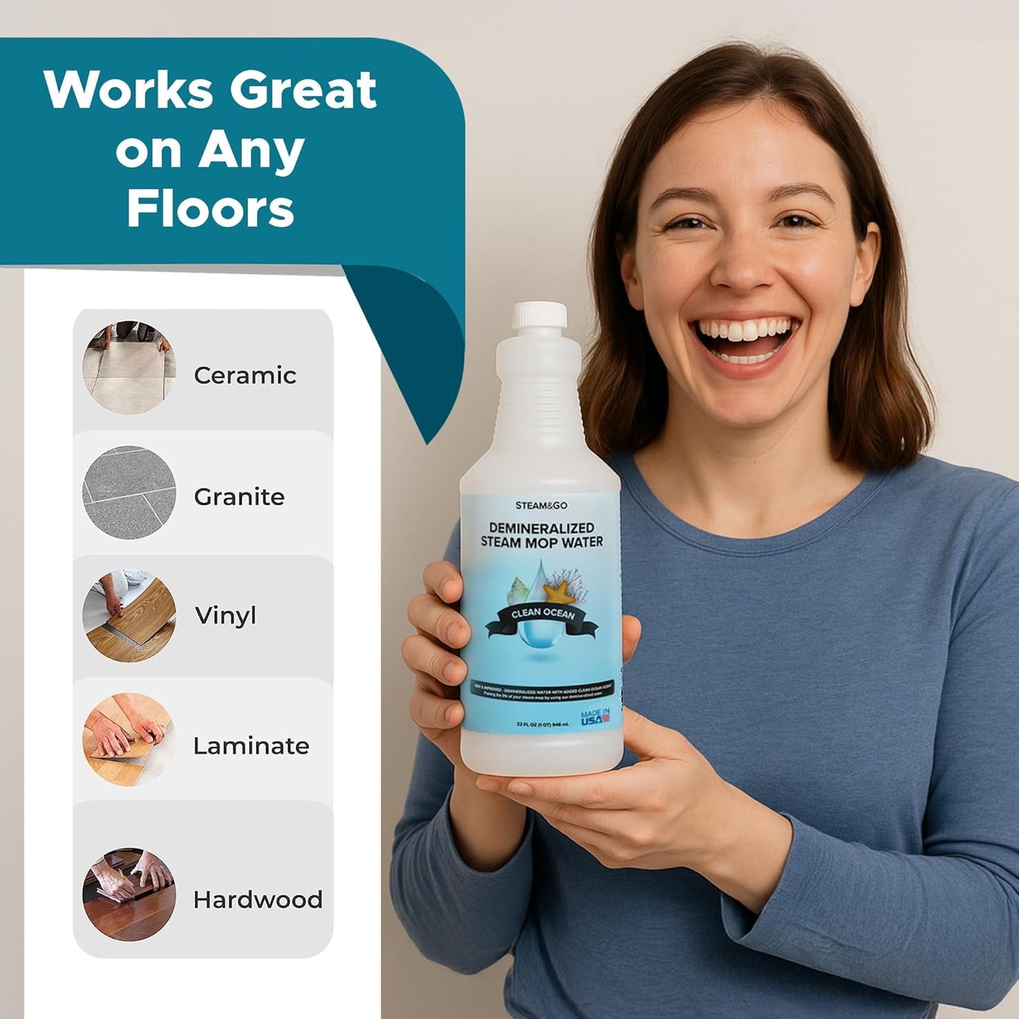 Steam & Go Demineralized Water - Multisurface Cleaner, PVC-Free Ready-to-Use for Mops & Floor Steamers - Ideal for Kitchen, Bathroom, & Home Surfaces - Clean Ocean Scent - 32oz (Pack of 6)