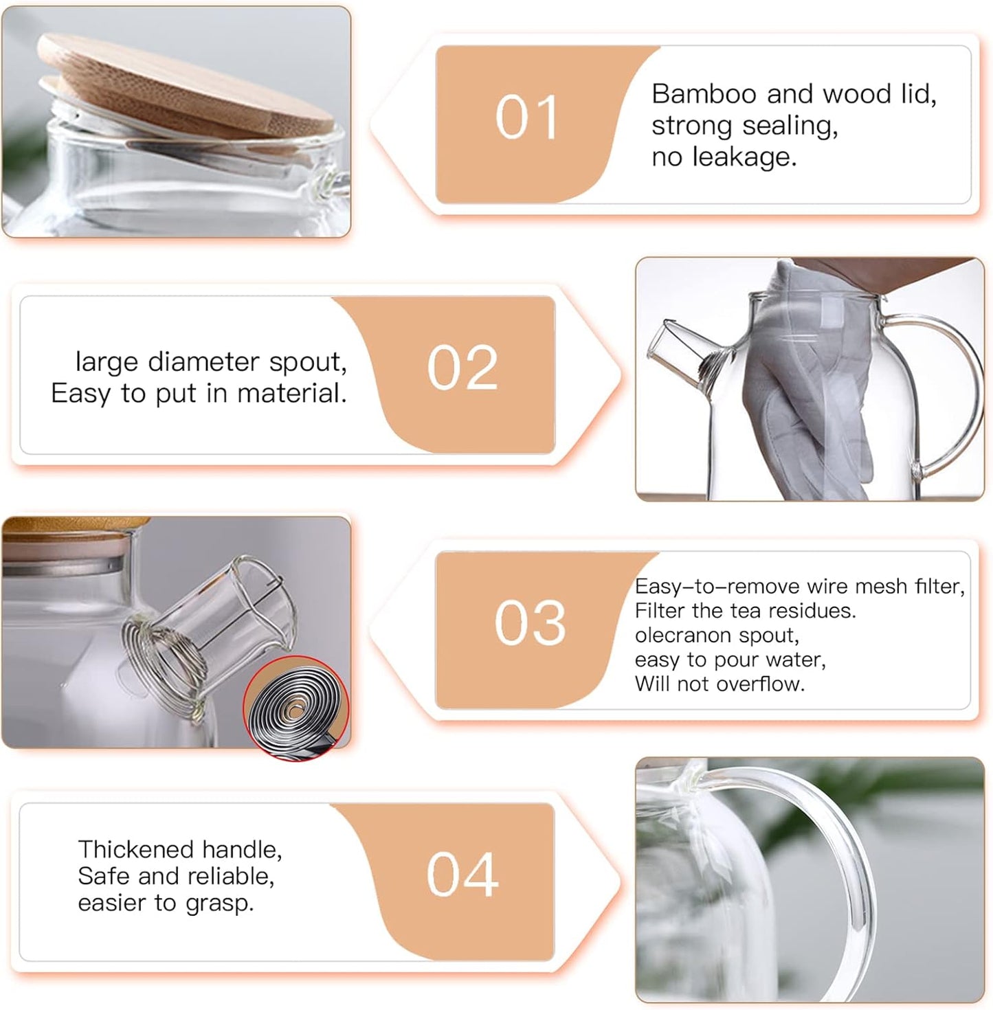 Glass Teapot 50.7oz/1500ml, Stovetop & Microwave Safe Borosilicate Tea Pot,Clear Teapot with Strainer, Glass Tea Kettle with Wooden Lid for Loose Leaf、Fruit Tea and Fragrant Tea