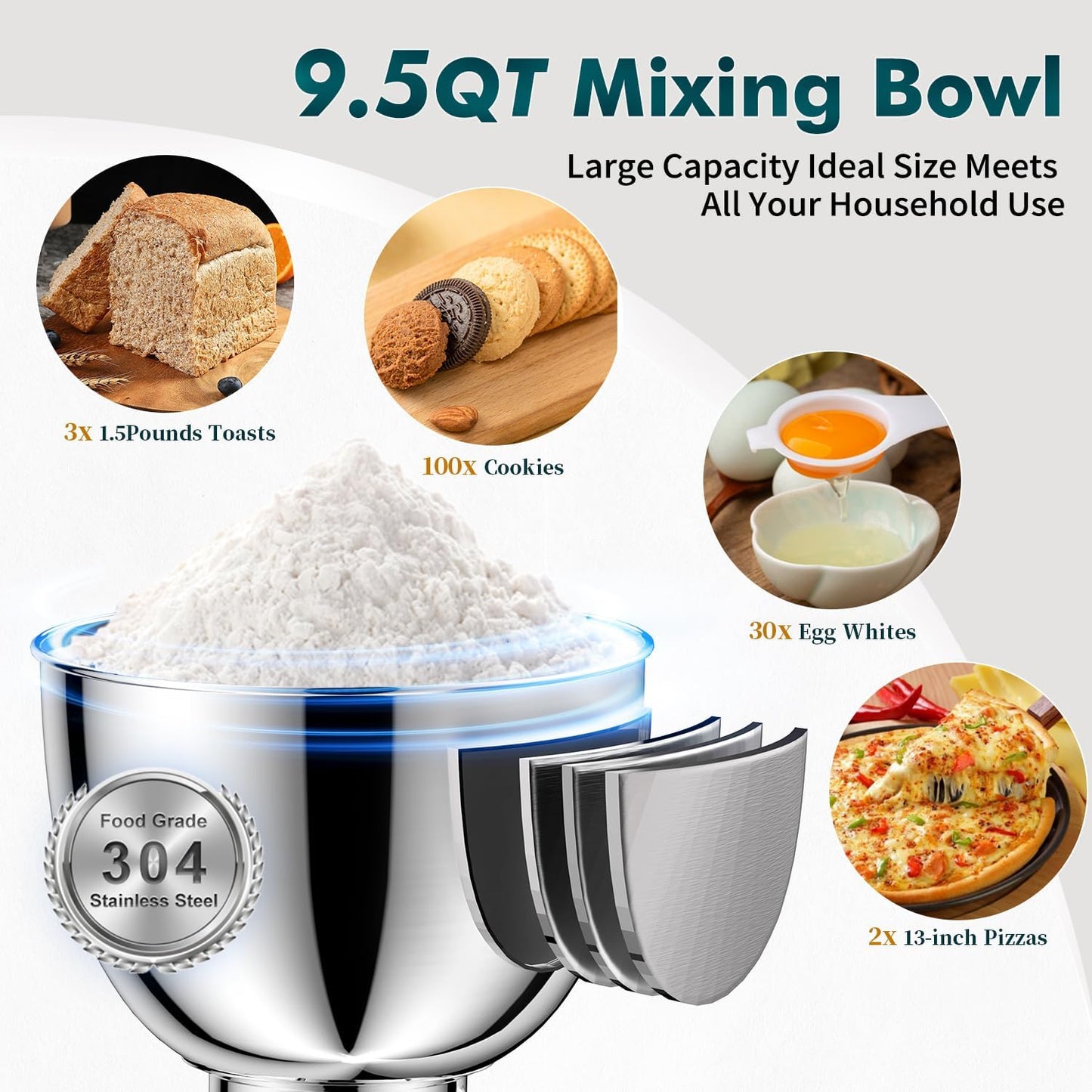 COOKLEE Stand Mixer, 9.5 Qt. 660W 10-Speed Electric Kitchen Mixer with Dishwasher-Safe Dough Hooks, Flat Beaters, Wire Whip & Pouring Shield Attachments for Most Home Cooks, Blue