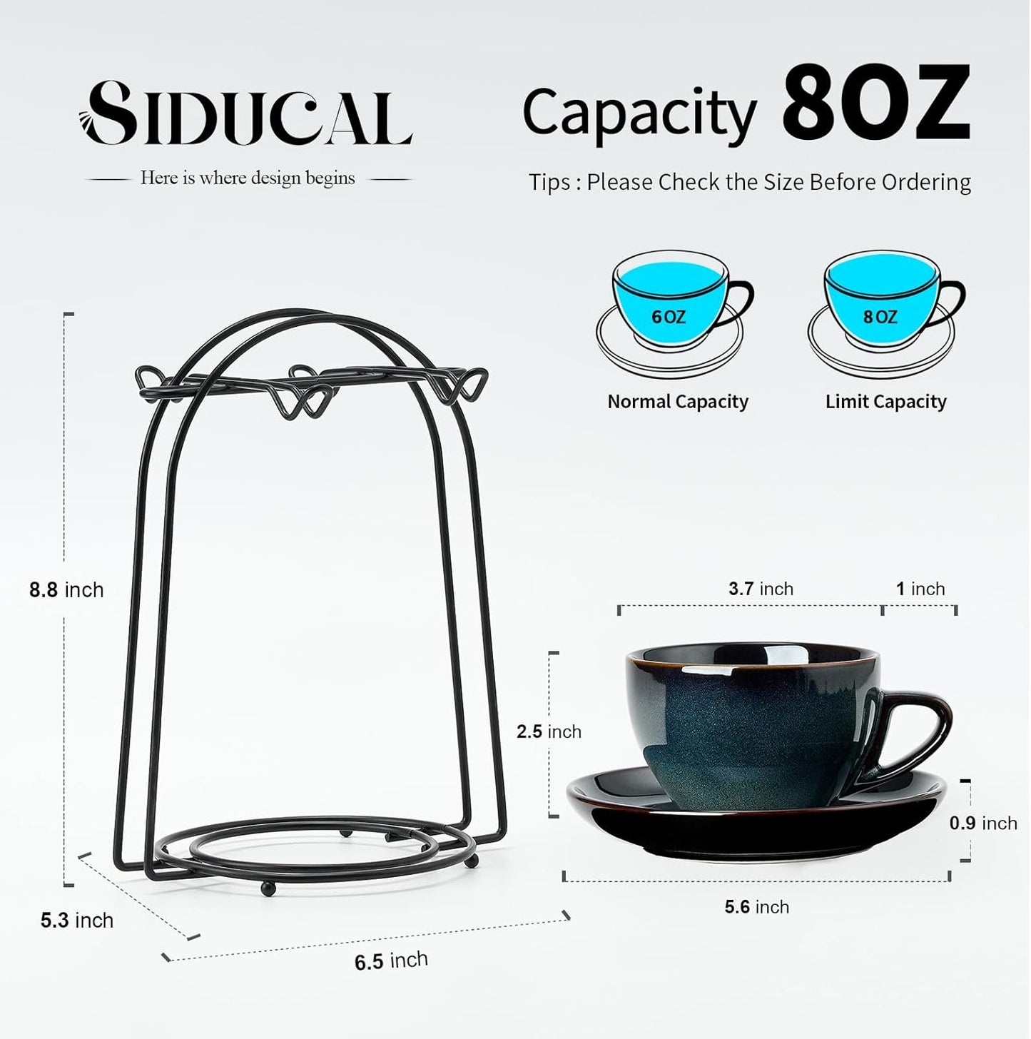 SIDUCAL Espresso Cups Set of 4 [8oz] Porcelain Coffee Cups with Saucers and Holder,Latte Cups- Latte Art Cup - Microwave/Dishwasher Safe,Espresso Demitasse Cups(Blue and Green)