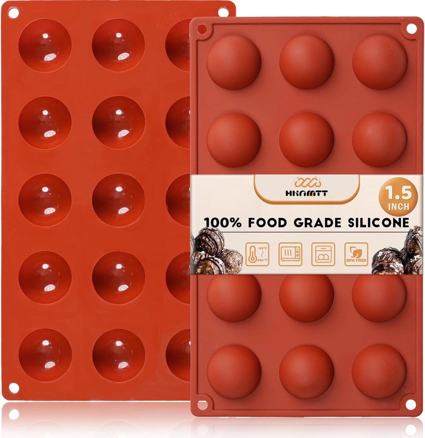 HKNMTT Silicone Semi-Sphere Molds 15 Cavities 2-Pack 1.5" for Chocolate Truffles Jelly Fat Bombs Gelatina, Small Baking Round Half Sphere Candy Moulds, Homemade Freeze Food Grade BPA Free Oven Safe