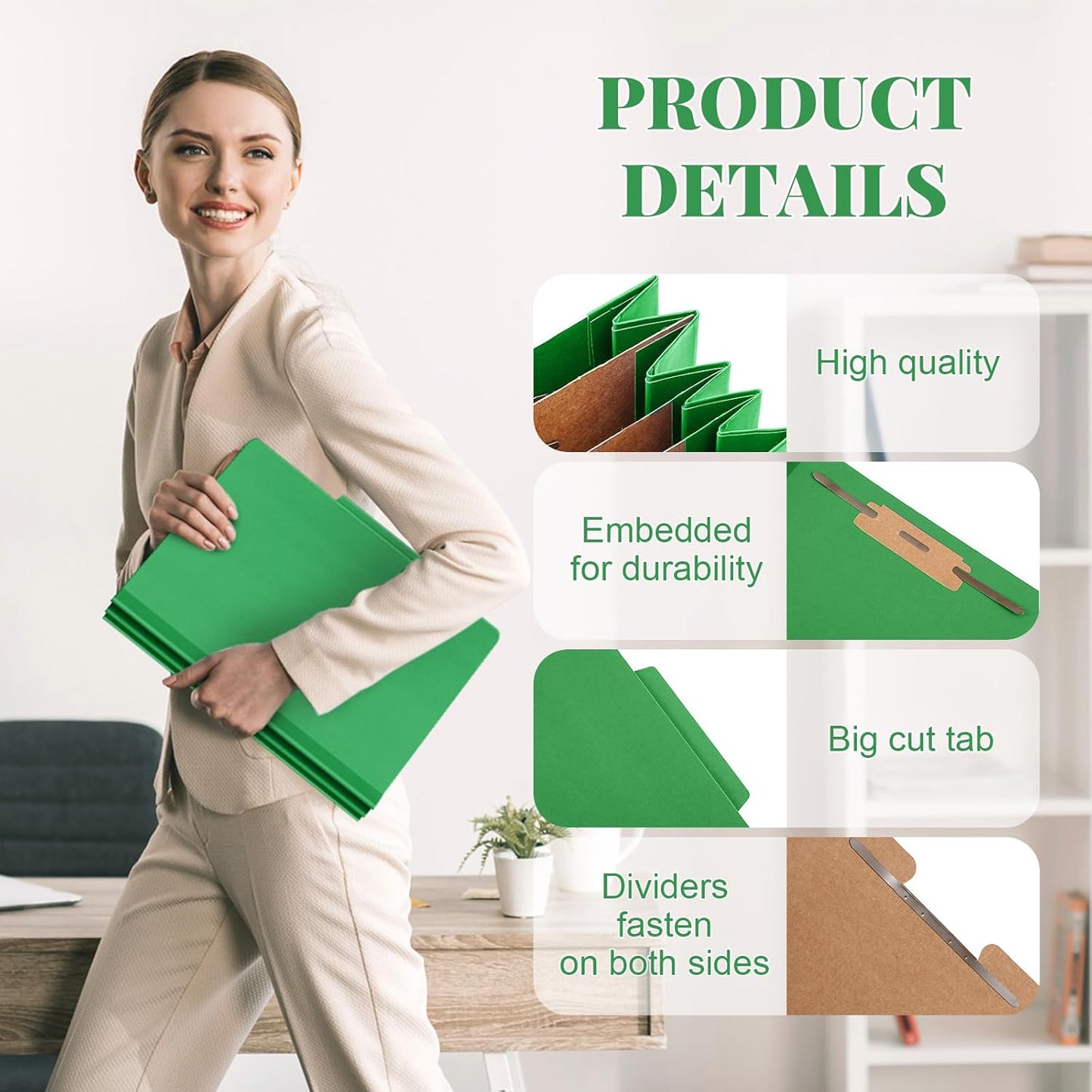 72 Pcs Classification Folders Letter Size, Back to School Supply for Teacher, Student, 3 Dividers Pressboard File Folder Bulk with 2 Fasteners, 3.5 Inch Expanding File Organizer (Green)