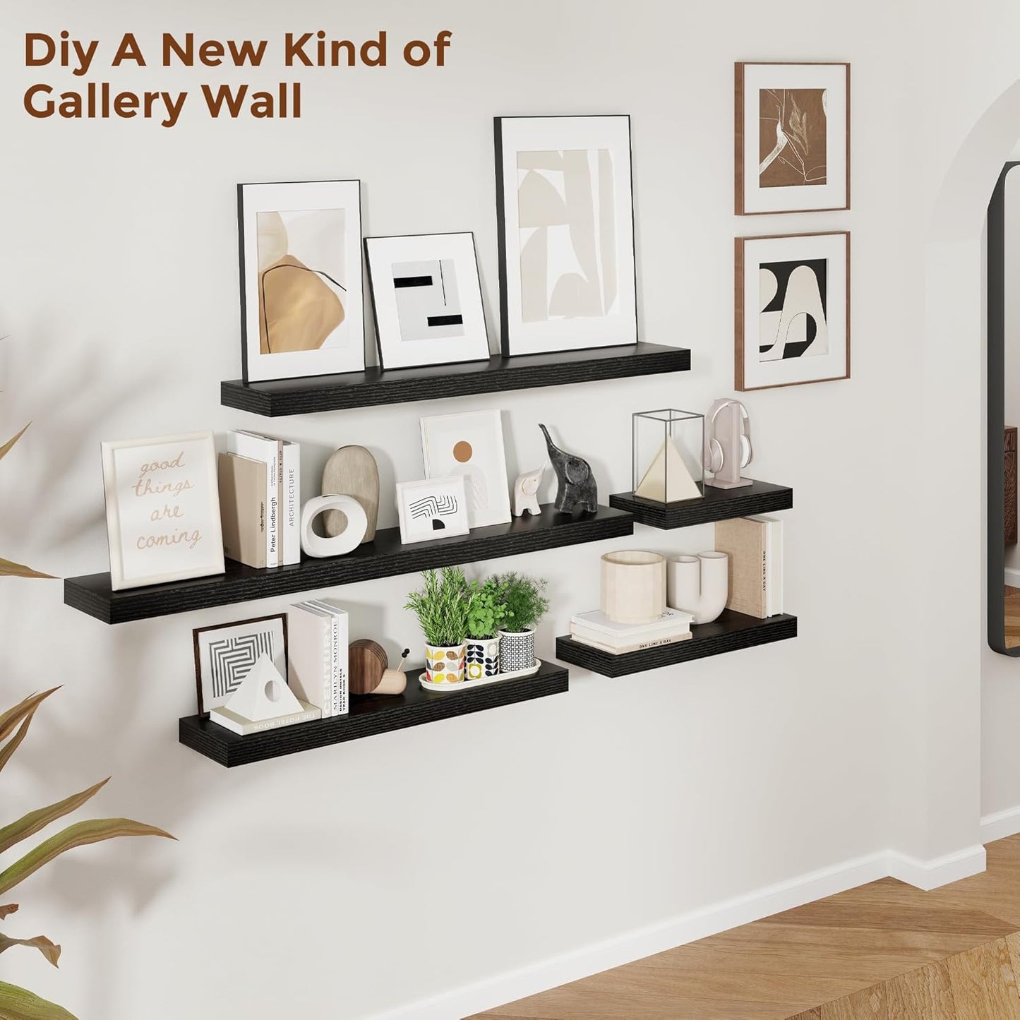 Heimlove 48 Inch Floating Shelves for Wall 8 Inch Deep Black Shelves Set of 2,Wall Mounted Rustic Wood Long Floating Shelf，Large Display & Storage Shelf with Invisible Brackets