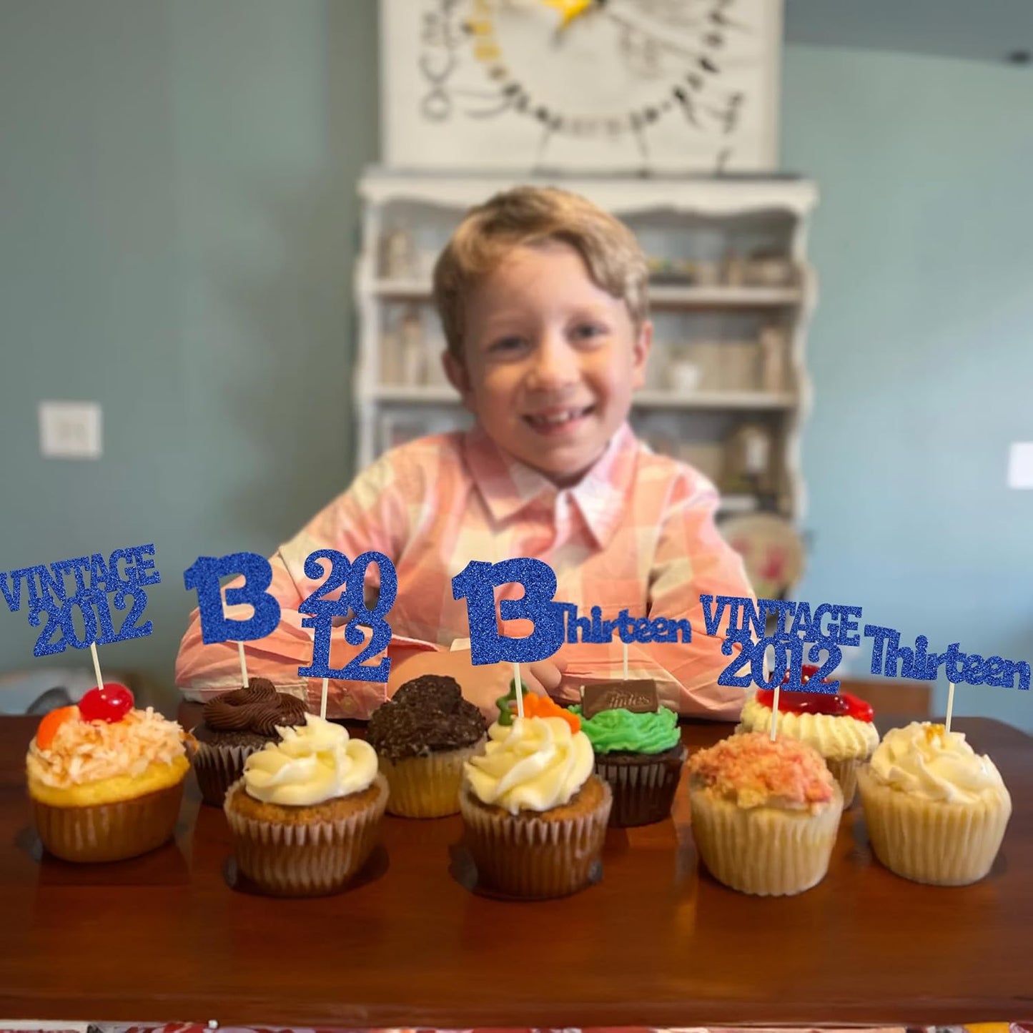 Gyufise 24Pcs 13th Birthday Cupcake Toppers Glitter Thirteen Vintage 2012 Official Teenager 13 Cupcake Picks Birthday Cake Decorations for Happy 13th Anniversary Party Supplies Deep Blue