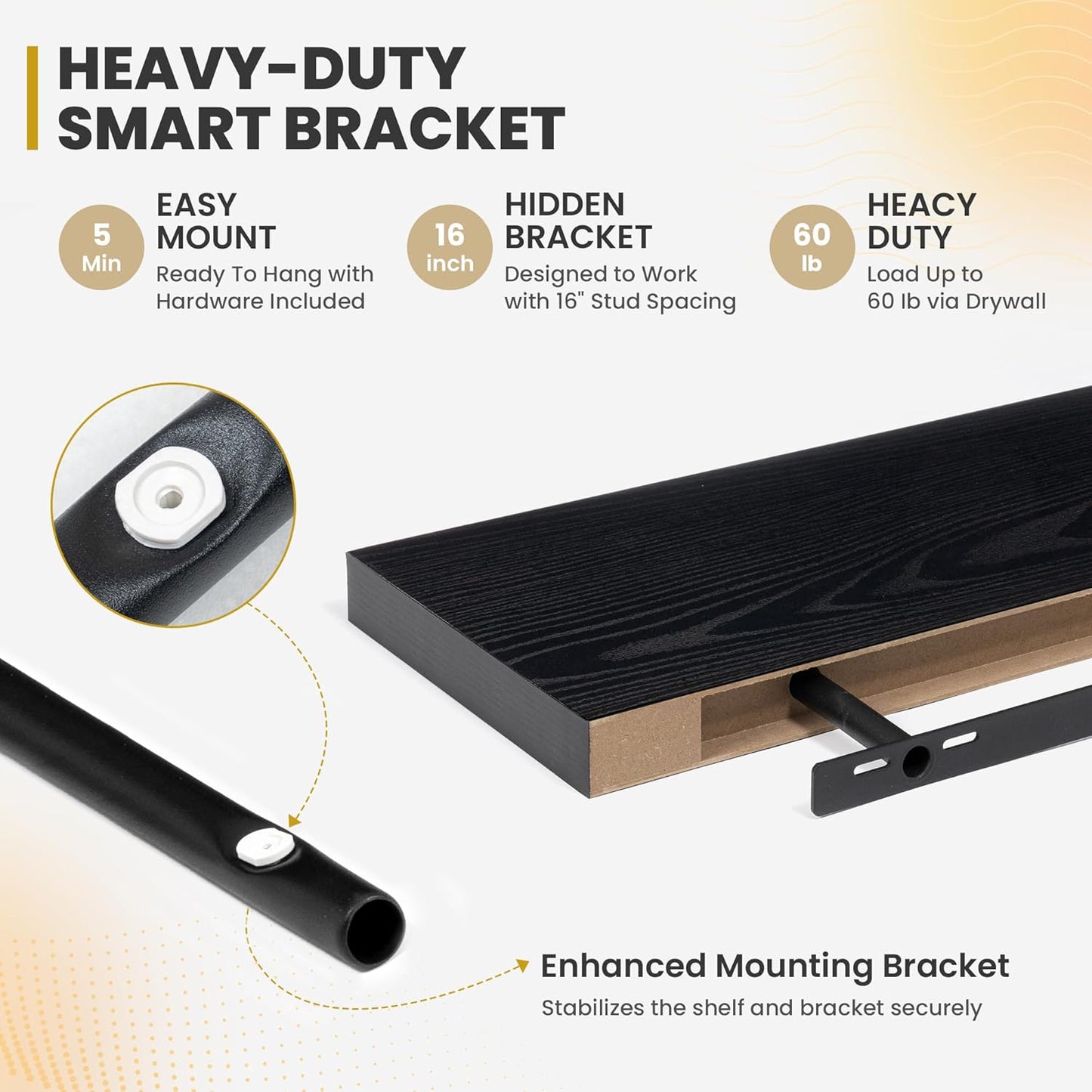 36 Inch Floating Shelves, 9.3" Deep Floating Shelf Wall Mounted, 36" Wall Shelves, Rustic Deep Bookshelf, Large Display Shelves & Storage Shelves for Bedroom, Living Room, Black, Set of 2