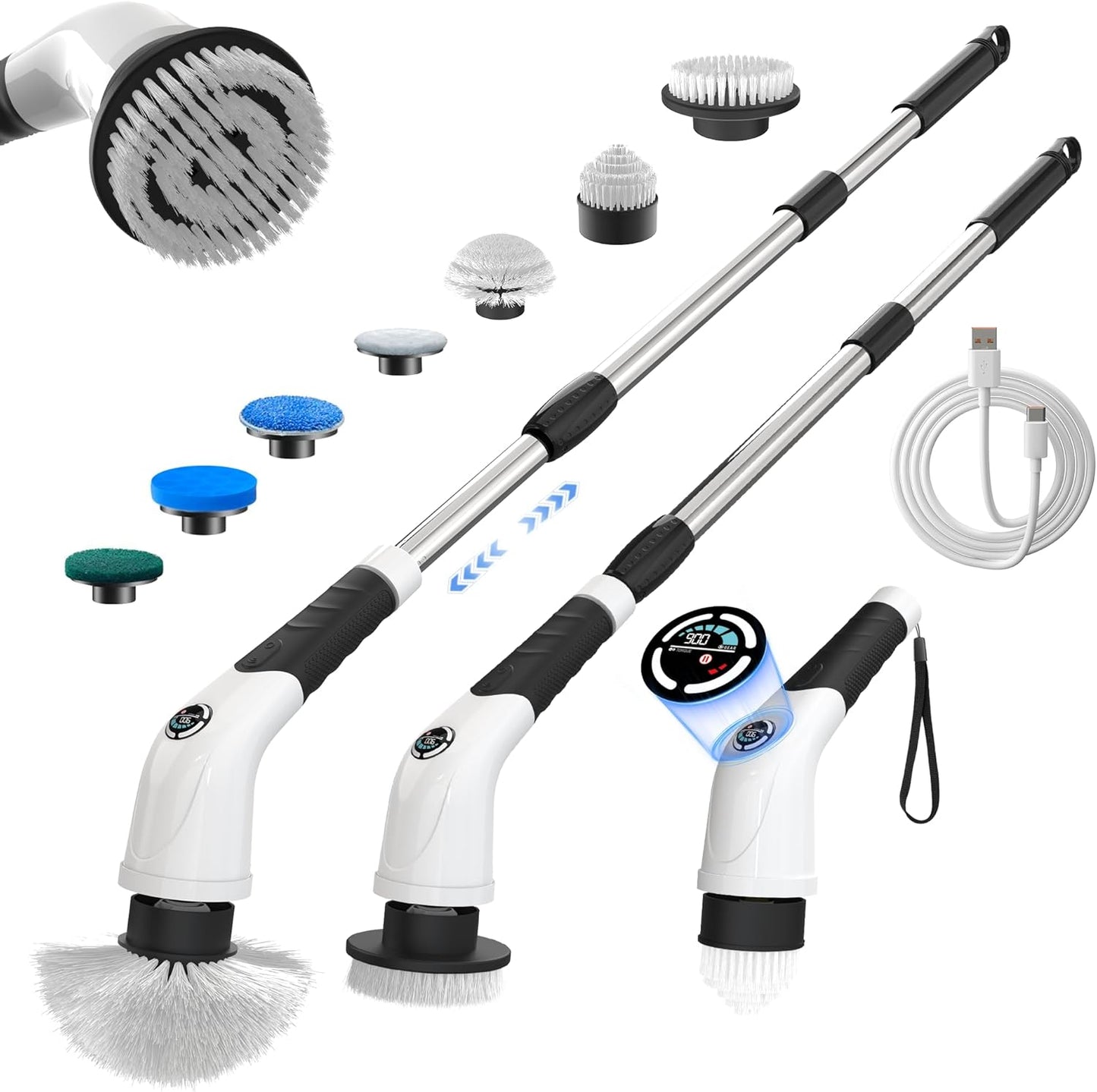 Electric Spin Scrubber,Cordless Cleaning Brush, 3-Speed,7 Replaceable Brush Heads & Long Detachable Handle, LCD Display Shows RPM/Torque/Battery, for Bathroom, Kitchen, Tile