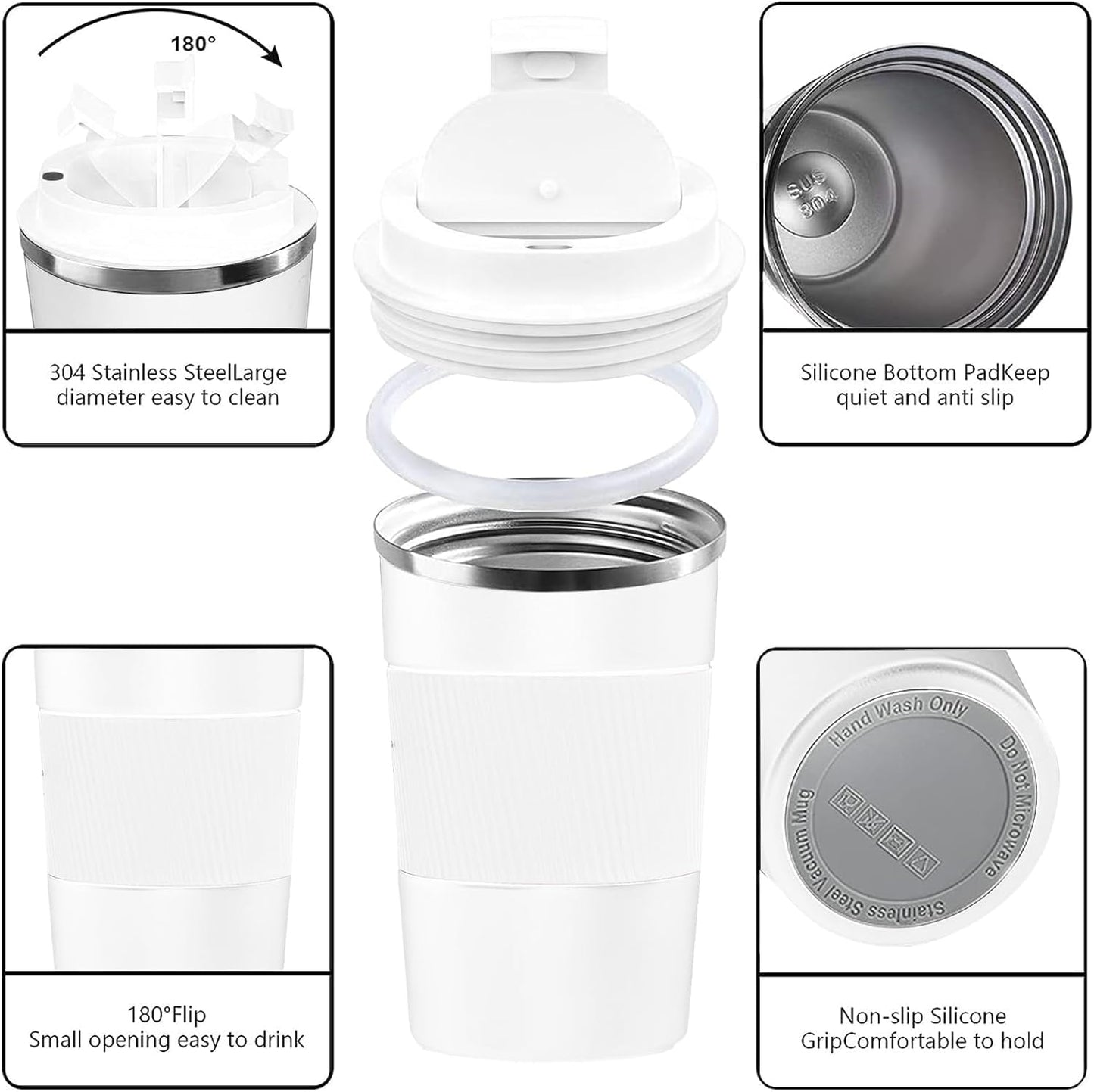 YINBAOGE Insulated Travel Coffee Mug Spill Proof Leak Proof Pobtable To Go Camping Stainless Steel Coffee Tumbler Reusable Coffee Cups with Lids Thermos for Hot and Cold Drink (White, 17 OZ)