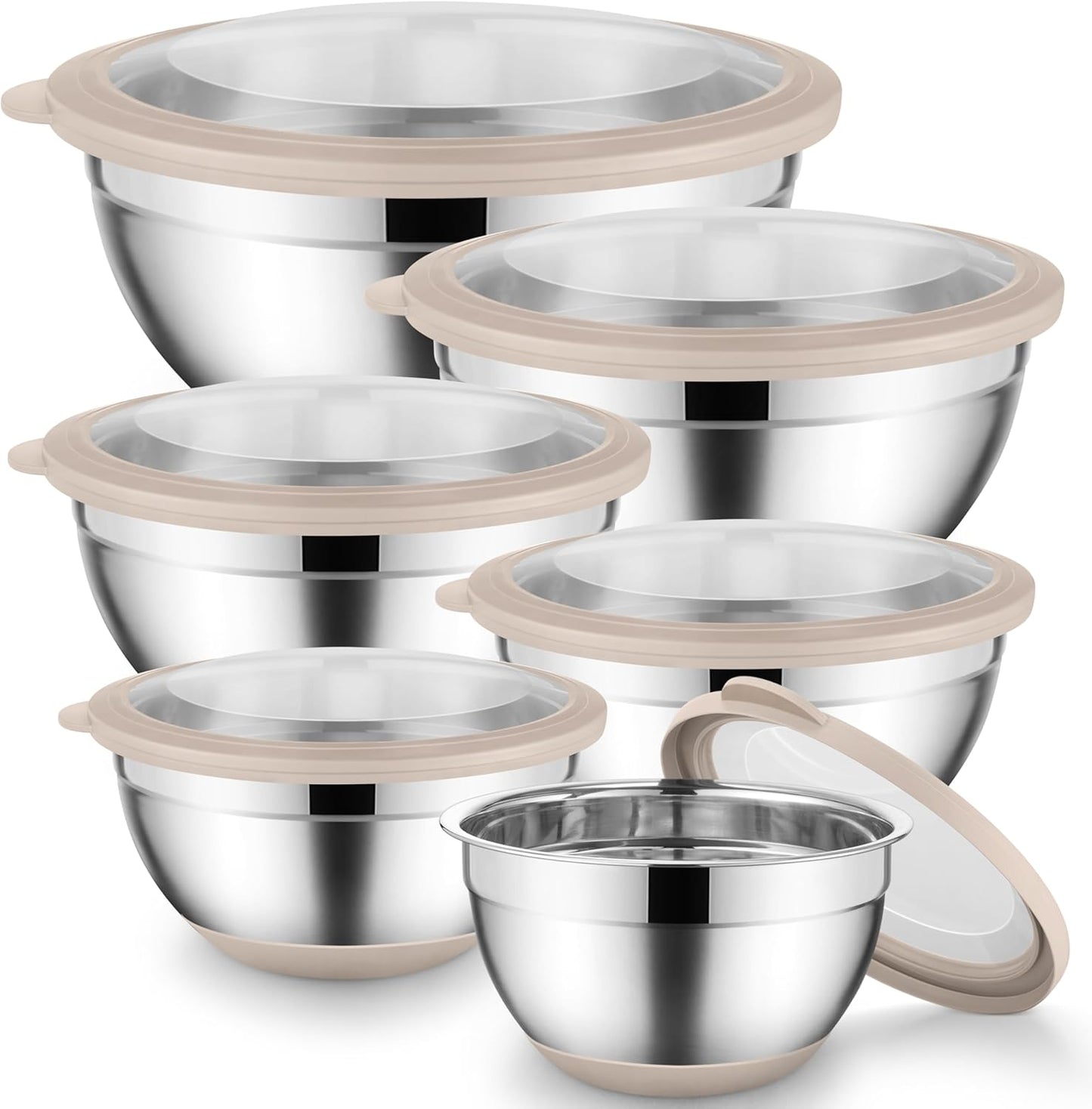 Mixing Bowls with Lids Set of 6, Large Metal Nesting Mixing Bowls, Stainless Steel Non-Slip Salad Bowl Khaki – Size 1, 1.5, 2, 2.6, 3.5, 7QT