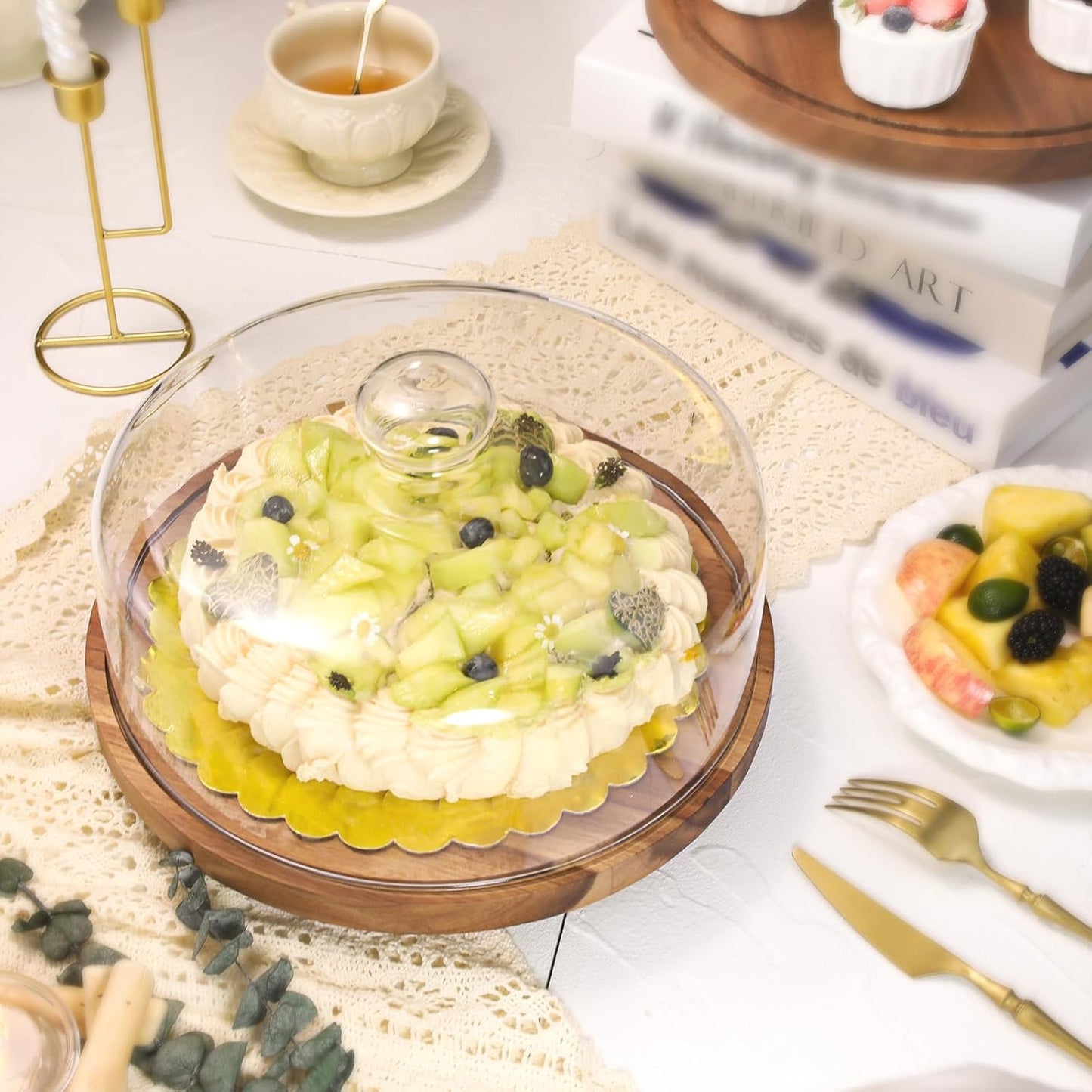 Glass Rotating Cake Stand with Lid - 12" Acacia Wood Cake Plate with Dome, Includes 2 Extra Cake Boards - Cake Holder for Wedding, Birthdays, Kitchen, Party Display, Charcuterie Tray