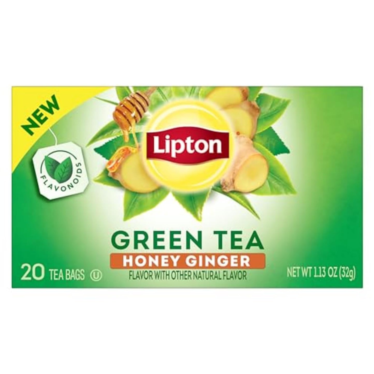 Lipton Honey Ginger Green Tea Bags, Flavored, Unsweetened Teabags for Hot Tea or Iced Tea with Caffeine and Flavonoids, 20 Total Tea Bags
