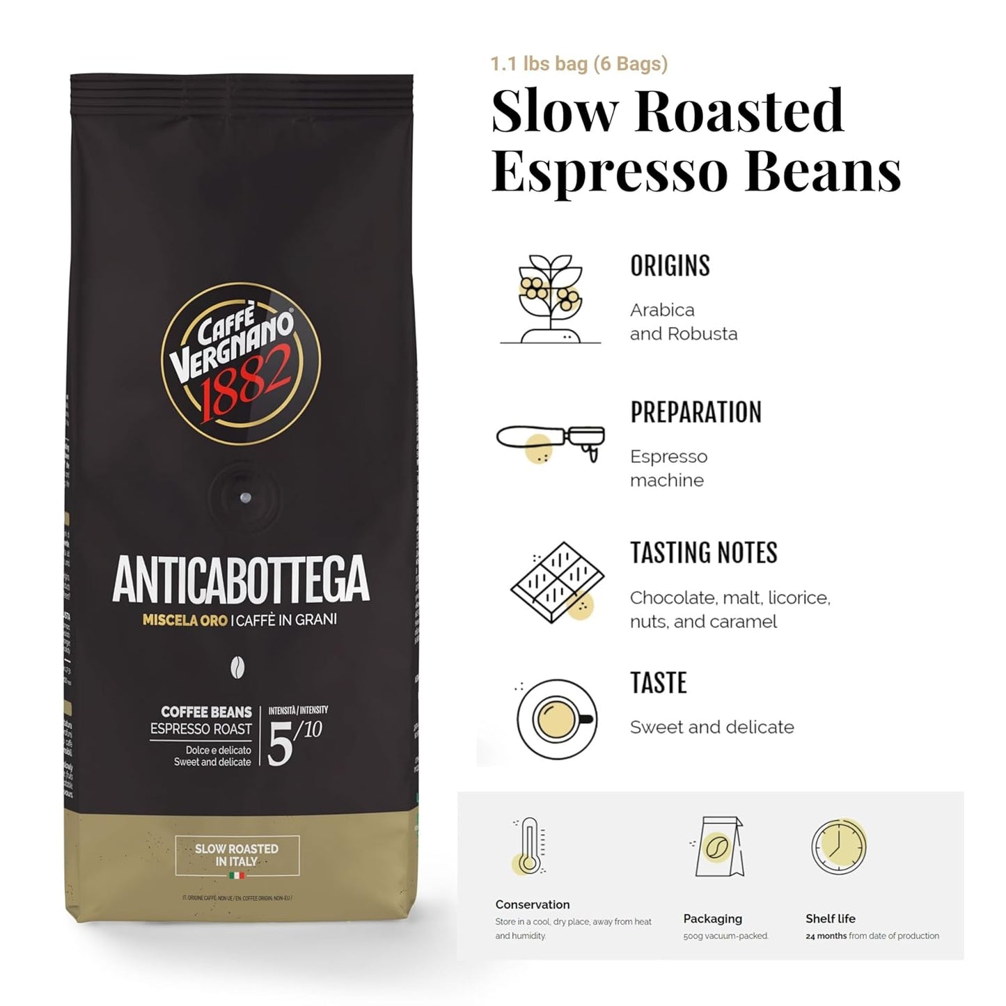 Caffe Vergnano 1882 Antica Bottega Whole Bean Arabica Medium Roast Espresso, 1.1 lbs Bag - Italian Coffee Beans with notes of Chocolate, Nuts & Caramel, Intensity 5/10-500g Bag (6 Pack)