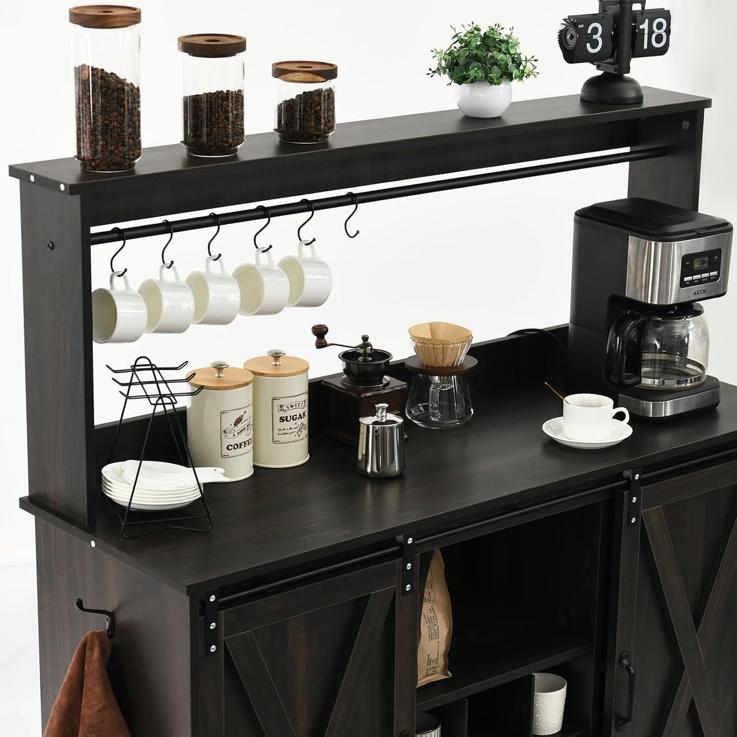 4ever2buy Farmhouse Coffee Bar Cabinet with 9 Wine Racks and 6 Hooks, 47 Inch Wine Cabinet with Storage, Kitchen Buffet Cabinet with Adjustable Shelves for Living Dining Room, Dark Oak