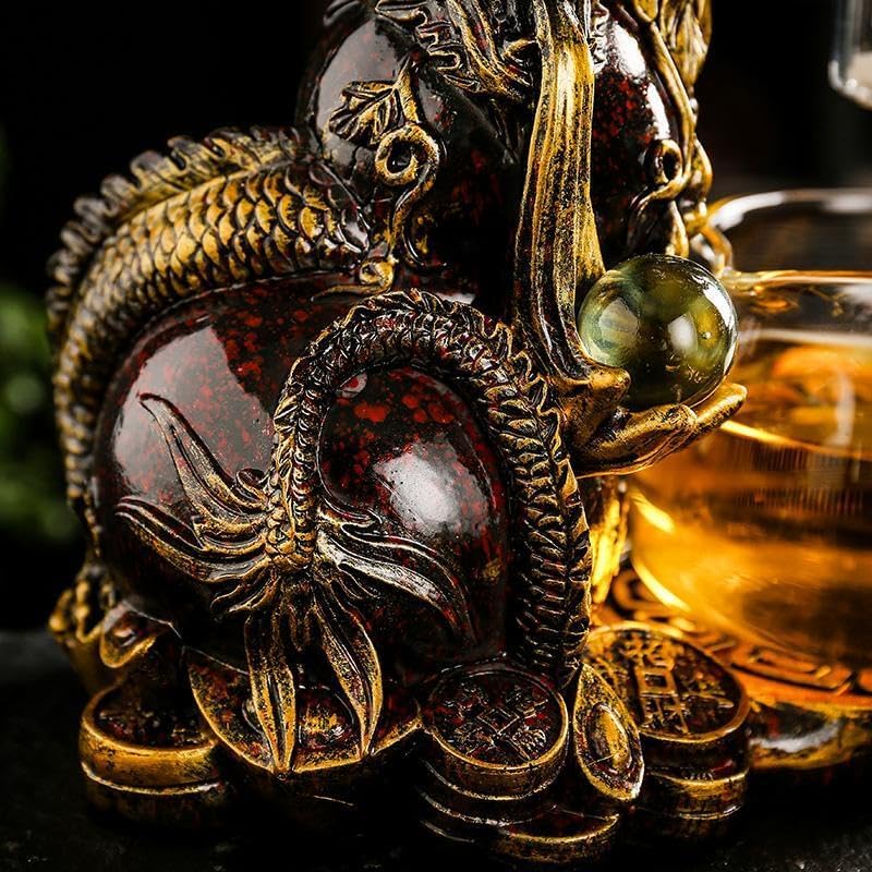 Glass Teapot Set with Infuser Semi Automatic Dragon Tea Set with 6 Small Cups (red golden dragon)