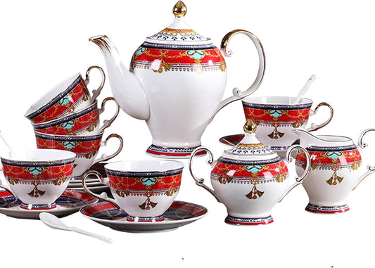 Euro Style Bone China Tea Set, Tea Sets For 6 Adults, Bone China Tea Cup Set With Teapot Spoons, Sugar Bowl, Creamer Pitcher, Tea Set for Women, Tea Party Set, Gift Package (21, Vienna)