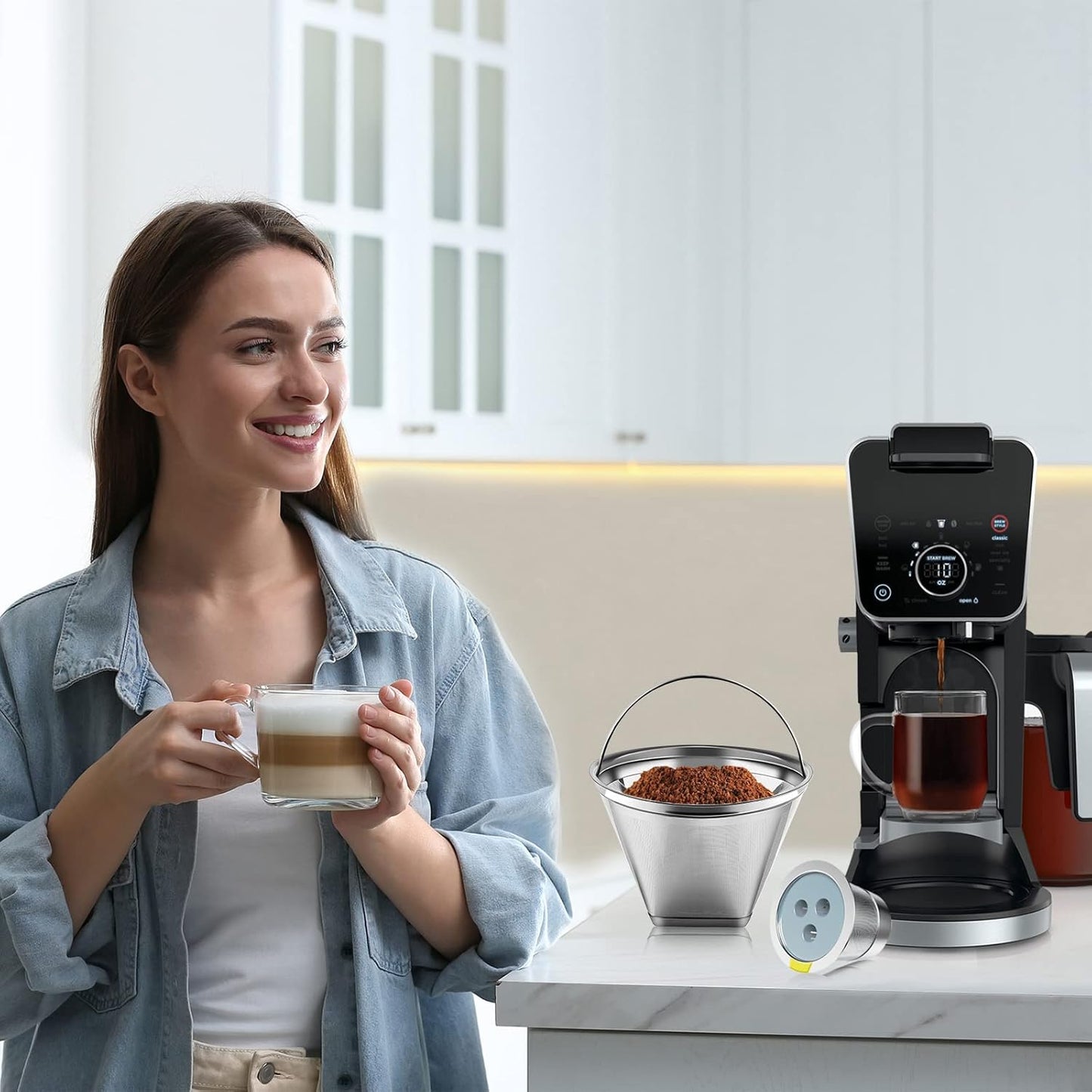 Stainless Steel Reusable Coffee Filter Compatible with Coffee Maker, Reusable Coffee Pods with 4 Cone Coffee Filters, Reusable Coffee Filters for Ninja CFP201 CFP300 CFP301 CFP307