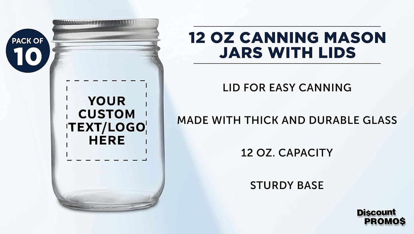 DISCOUNT PROMOS 10 Decorating Mason Jars Set, 12 oz. - Customizable Text, Logo - Canning, Aluminum Lid - Clear