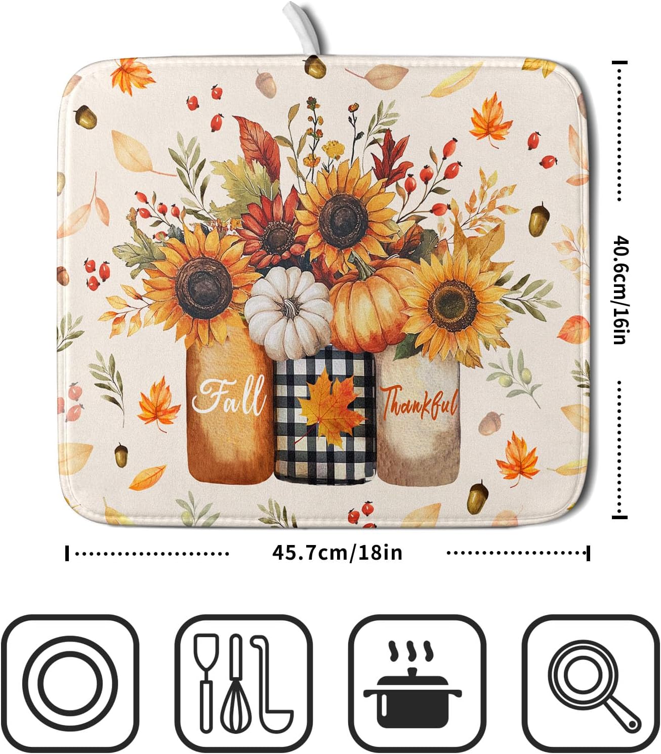 Autumn Sunflowers Vase Dish Drying Mat for Kitchen Counter,Fall Pumpkin Maple Leaves Drying Mat 16 x 18 Inch with High Absorbent Microfiber Dish Drying Drainer Mat for Coffee Bar