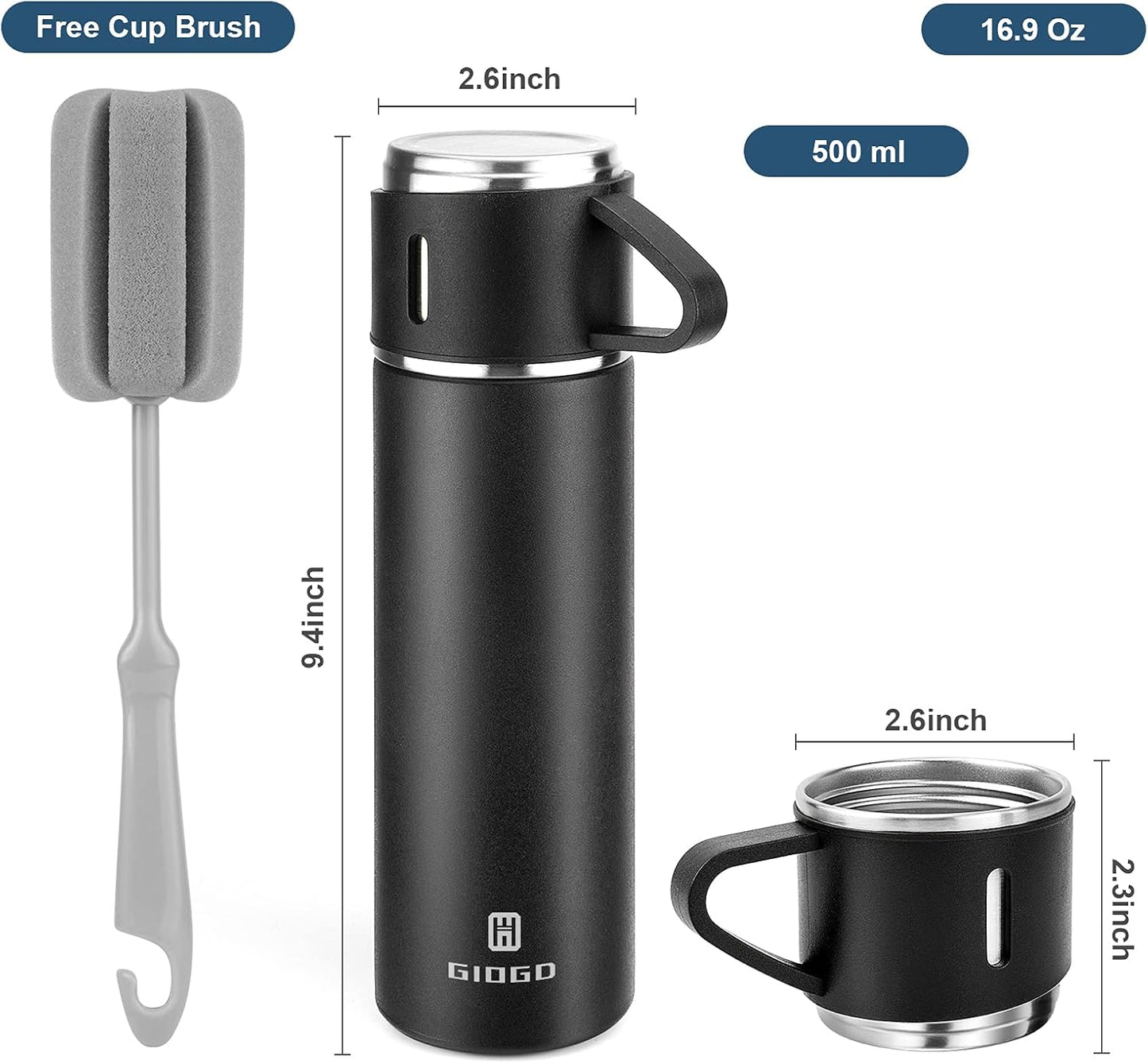 Stainless Steel Thermo 500ml/16.9oz Vacuum Insulated Bottle with Cup for Coffee Hot drink and Cold drink water flask.(Black,Set)