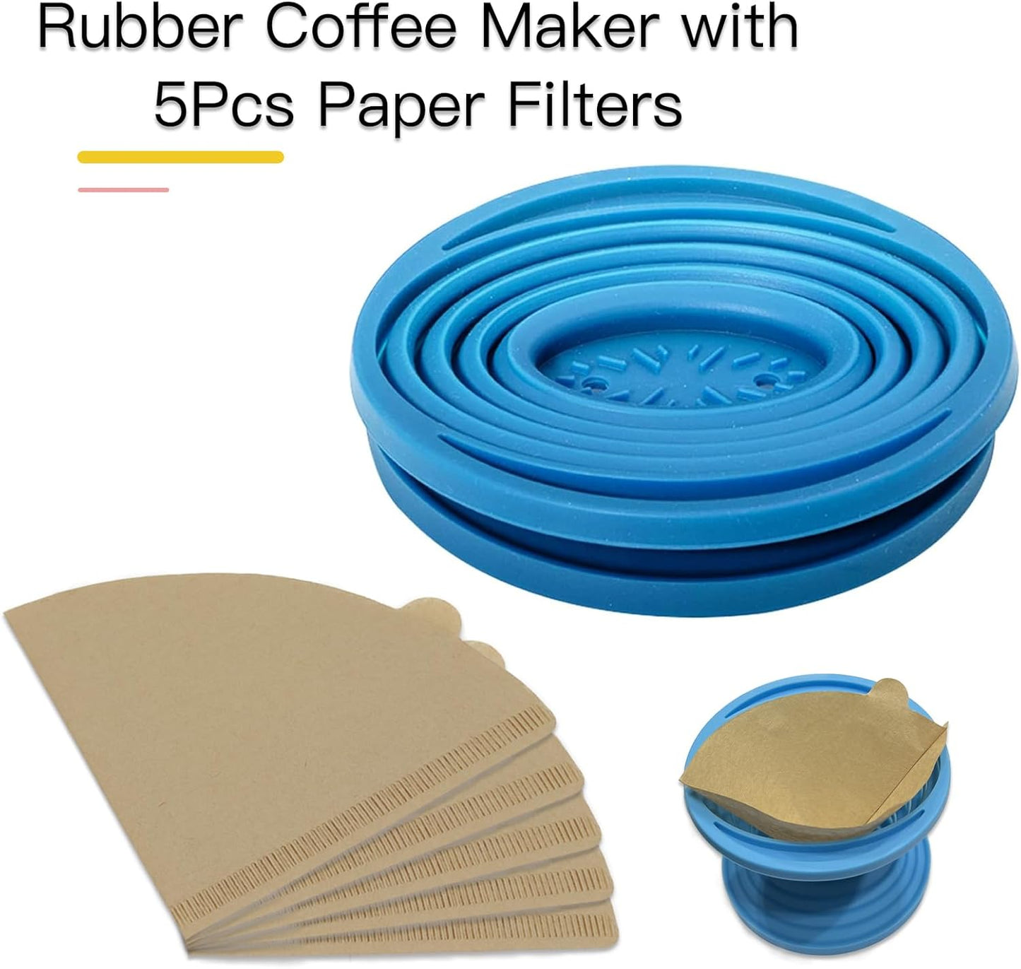 Collapsible Coffee Maker Filter, Reusable Coffee Dripper, Rubber Coffee Maker with 5Pcs Paper Filters, for Home, Camping, Travel, Office