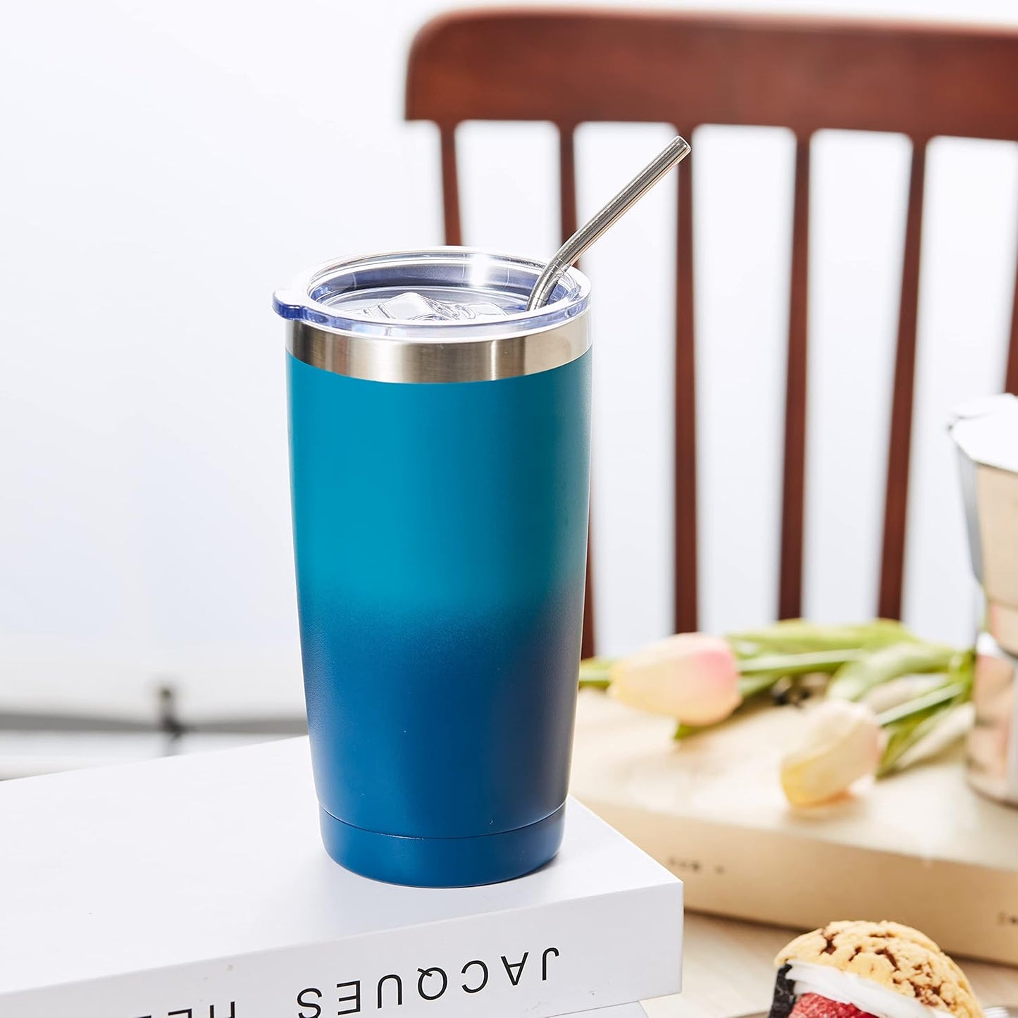 COMOOO 20oz Tumbler with Straw Stainless Steel Insulated Coffee Tumbler Cups Double Wall Vacuum Travel Coffee Mug with Splash Proof Sliding Lid for Hot Cold Drinks (Dark Night, 1 Pack)