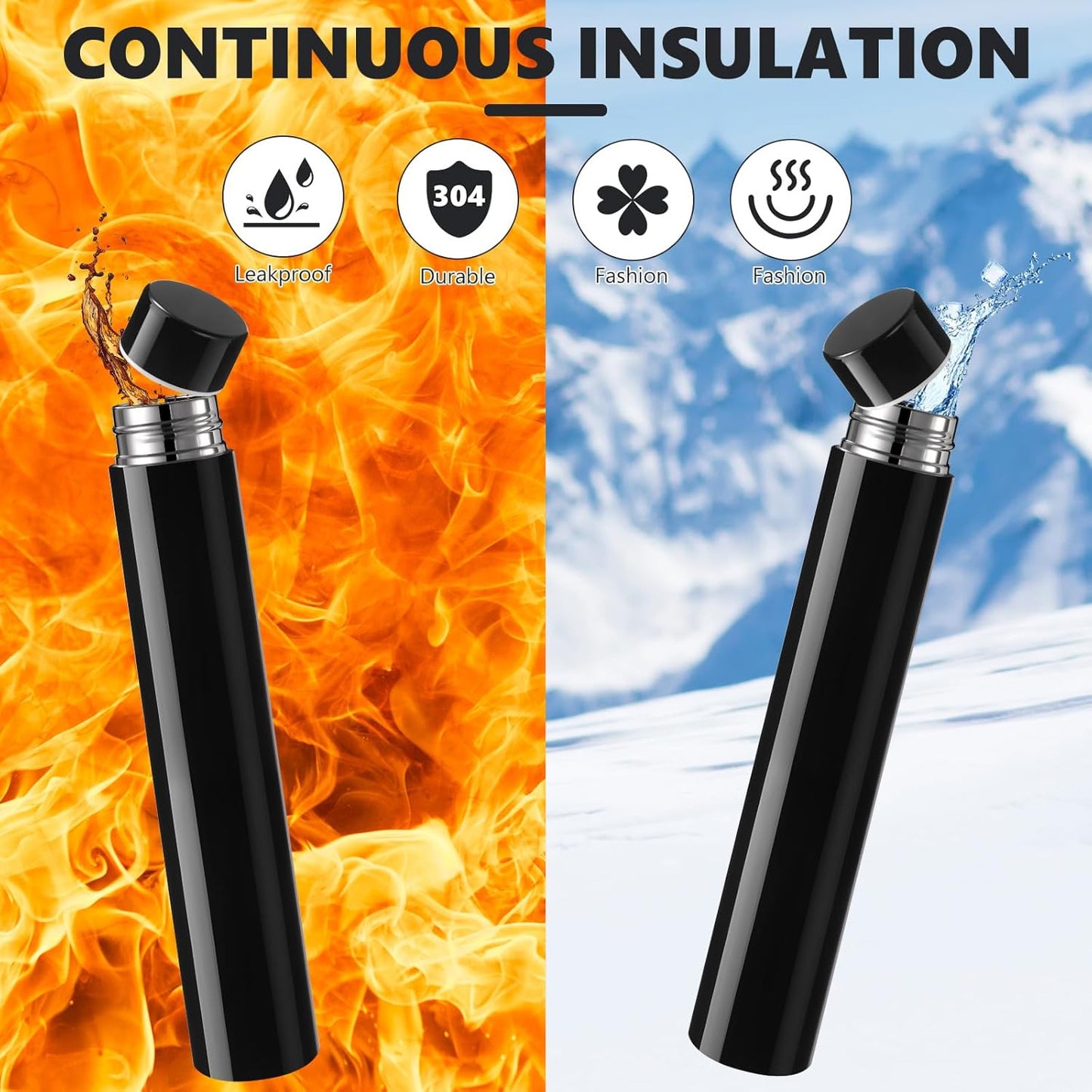 Vesici Slim Water Bottle 8.8 oz Small Stainless Steel Purse Compact Insulated Water Bottles Camping Travel Backpack Pocket Flask for Car Cold Coffee Tea(Black, White,2 Pack)