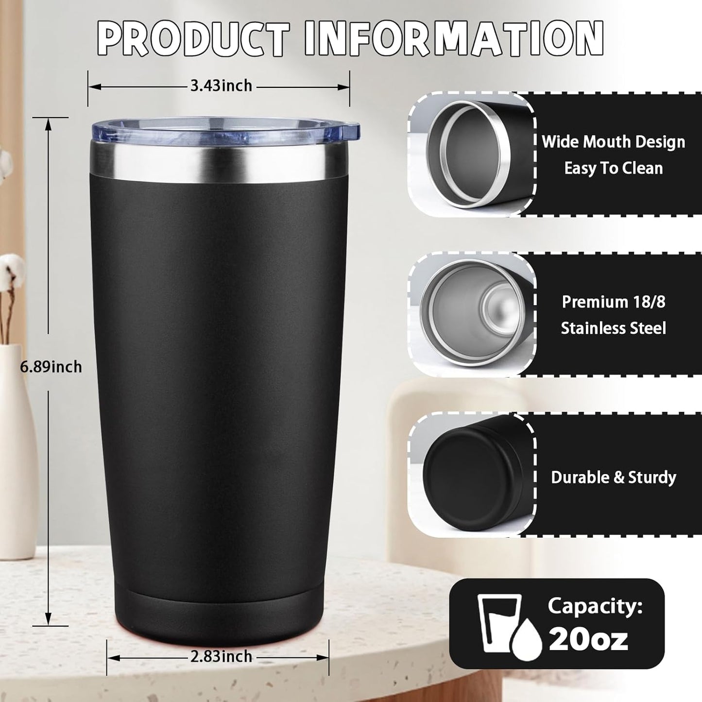20 oz Tumbler with Lids and Straws, Stainless Steel Insulated Coffee Tumbler, Double Wall Vacuum Insulated Travel Mug Cup, Leakproof Thermal Coffee Cup for Hot and Cold Drinks (black)
