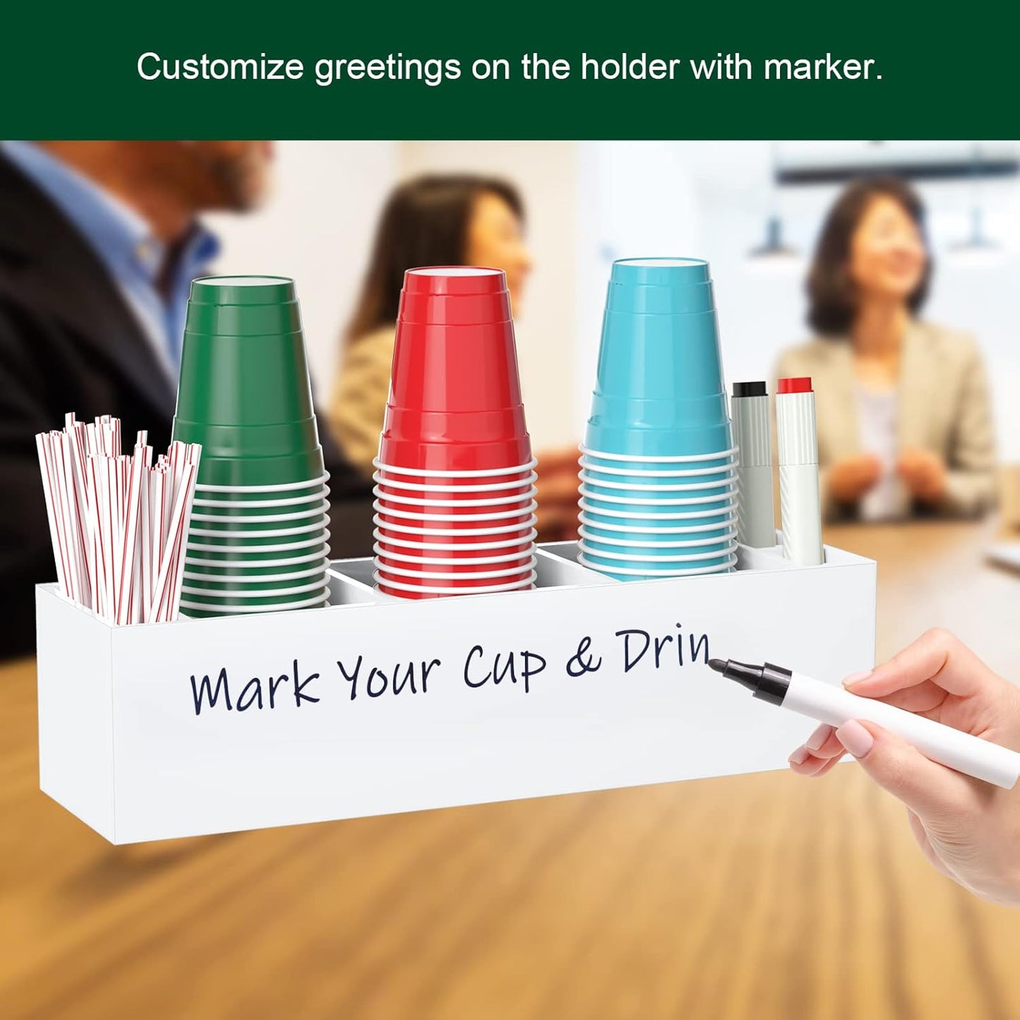 Triple Cup Holder With Marker Slot, Party Dispenser Acrylic Organizer, Mark Your Drink Caddy, Modern Bar Counter Decor, White