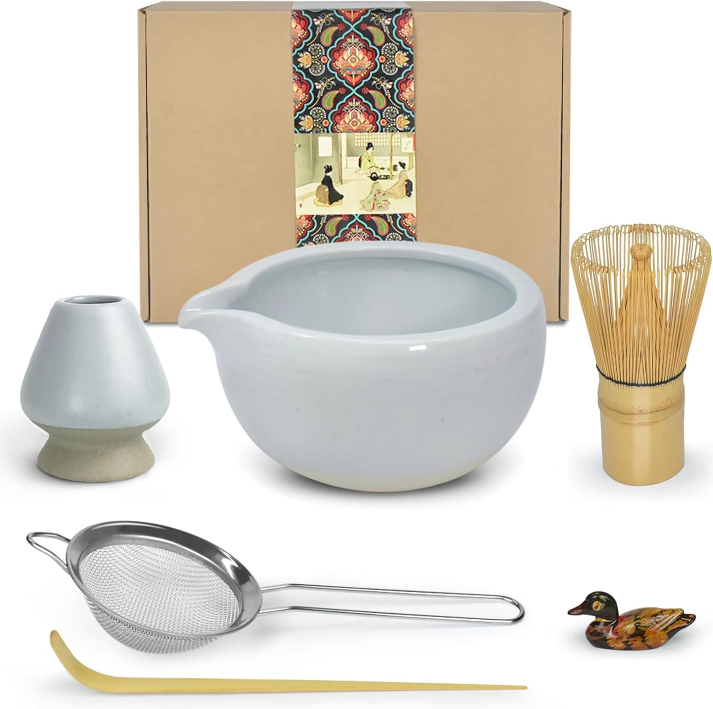 Artcome Matcha Ceremony Kit for Japanese Tea Ceremony, Bowl with Pouring Spout, Whisk, Tea Scoop, Matcha Powder Strainer, Matcha Tea Set For Making Usucha, Koicha and Matcha Latte (Cyan)