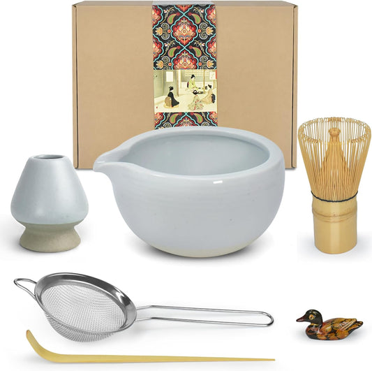 Artcome Matcha Ceremony Kit for Japanese Tea Ceremony, Bowl with Pouring Spout, Whisk, Tea Scoop, Matcha Powder Strainer, Matcha Tea Set For Making Usucha, Koicha and Matcha Latte (Cyan)