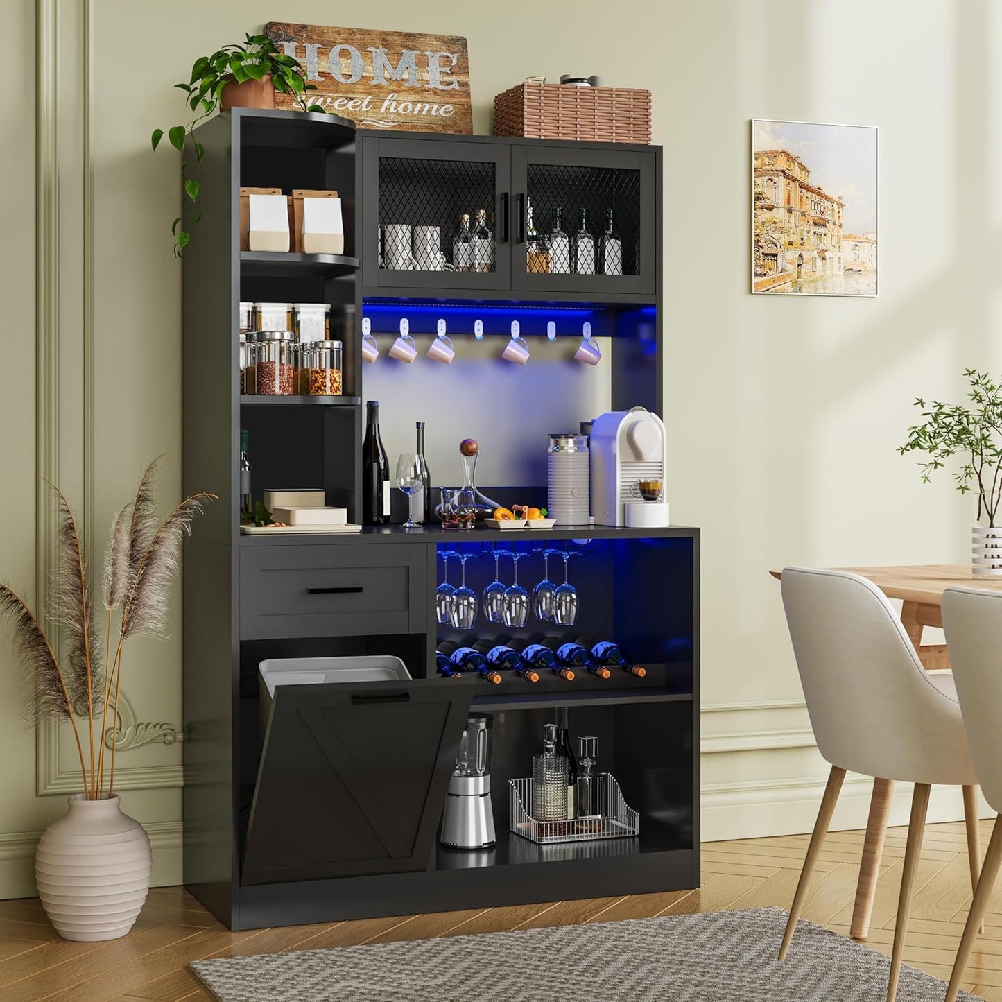 67.3" Tall Modern Black Kitchen Pantry Storage Cabinet with Drawer and Shelves, Tilt Out Trash Can, Coffee Bar Wine Cabinet with LED Lights and Power Outlet, Wine Glass Rack, 2 Mesh Doors