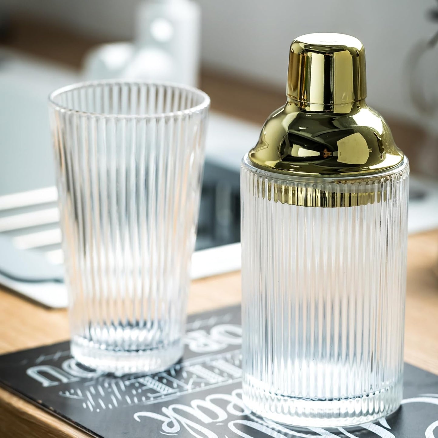 Glass Cocktail Shaker Set with Ribbed Glassware, Lids, and Straws - Elegant Bartender Kit for Whiskey, Cocktails - Dishwasher Safe, Perfect Home Bar Accessory (Glass Shaker + 3 Ribbed Glasses)