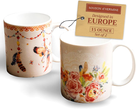 Maison d' Hermine Coffee Mug with Handles Fine Bone China Mugs Pack of Two Tea Cups for Hot Beverages Cappuccino Latte Home Restaurant Office Perfect for Gift (Ibiza - Beige, 15 Ounce)