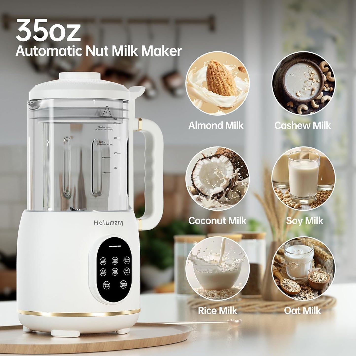 35oz Nut Milk Maker Machine - 8-in-1 Auto Programs for Almond, Oat, Soy Milk, with 18H Delay Start | 60s Self-Clean | Quiet Operation