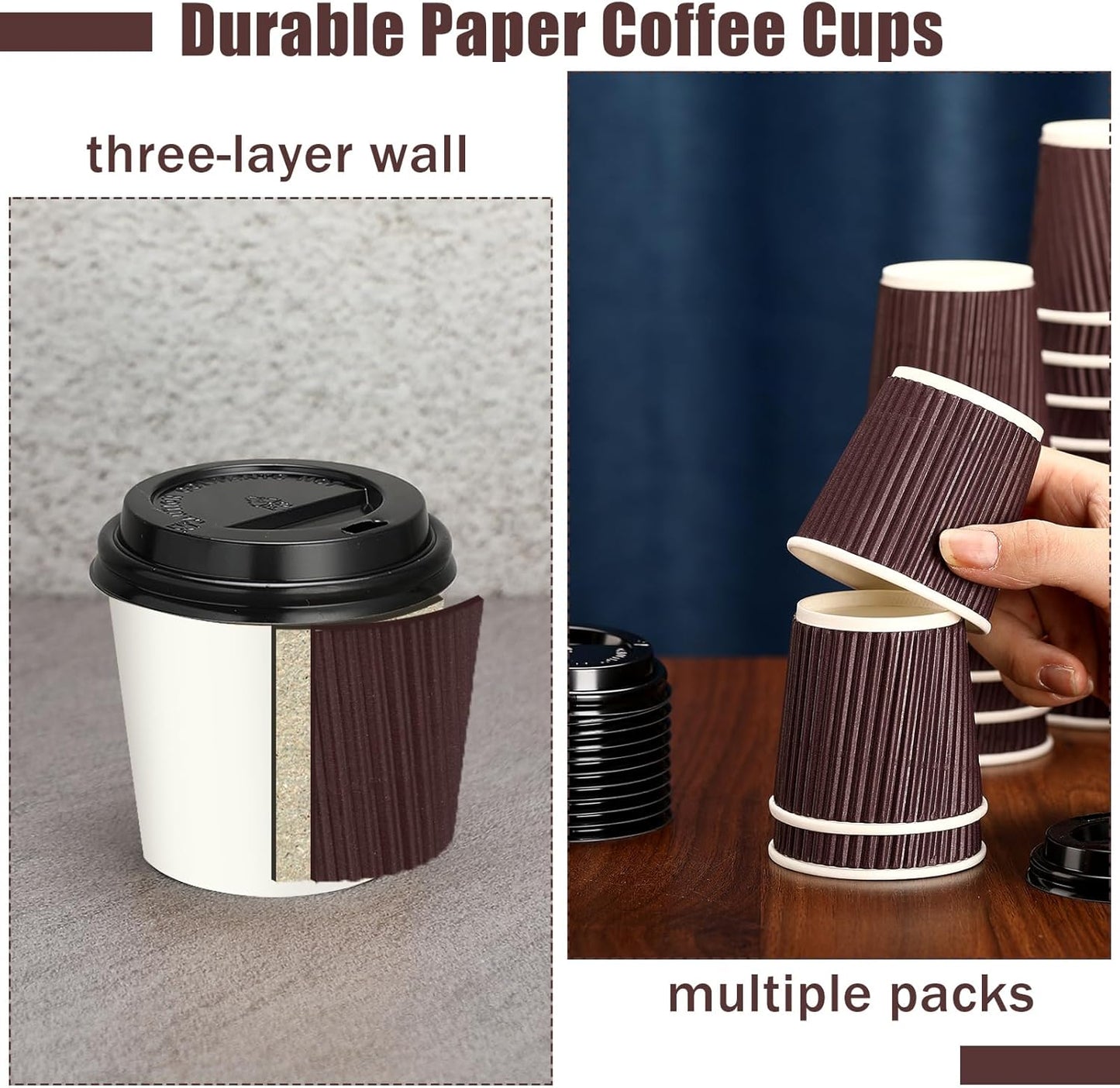 Uiifan 100 Set 4oz Disposable Espresso Cups with Lids Ripple Corrugated Paper Disposable Coffee Insulated Hot Ripple Cups for hot Chocolate, Tea, and Cocoa Drinks (Coffee Color)