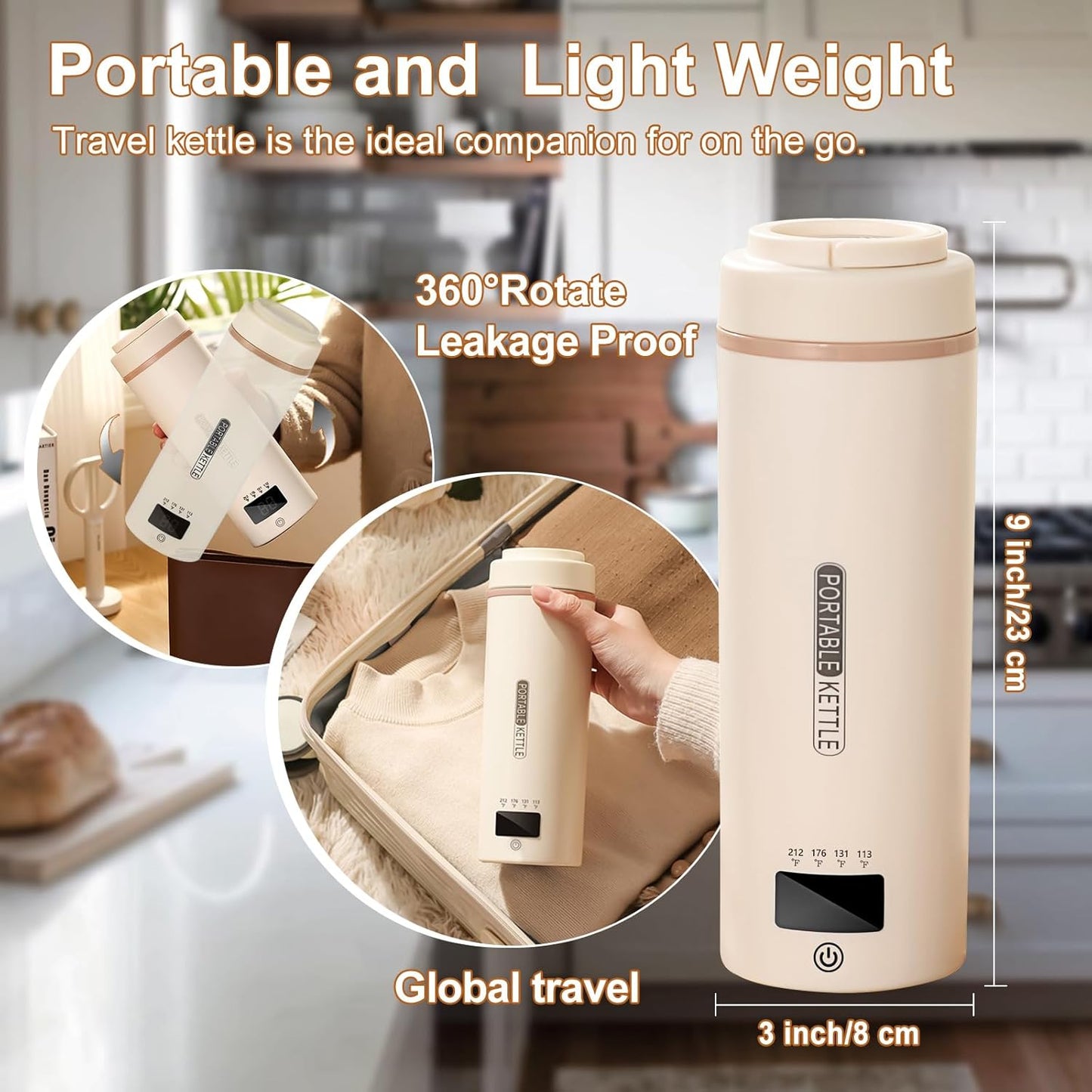 Travel Mini Kettle Portable Electric Kettle with Plug-in Boiling & Keeps Warm via USB, Small Water Boiler with 4 Temperature Settings, 304 Stainless Steel with Auto Shut-off 16oz(Beige)