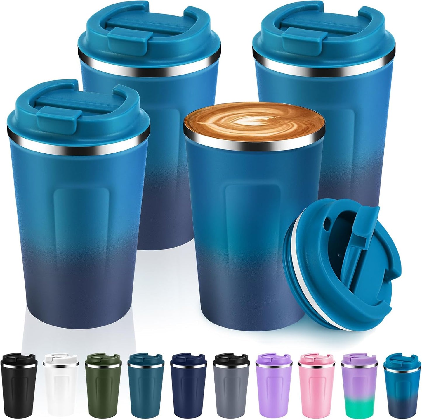 Volhoply 12 oz Double Wall Insulated Vacuum Travel Coffee Mug with Flip Lid Bulk 4 Pack,Reusable Stainless Steel Leak Proof Coffee Cups,Portable Thermal Tumbler for Hot & Cold Drinks(Dark Night,4 Set)