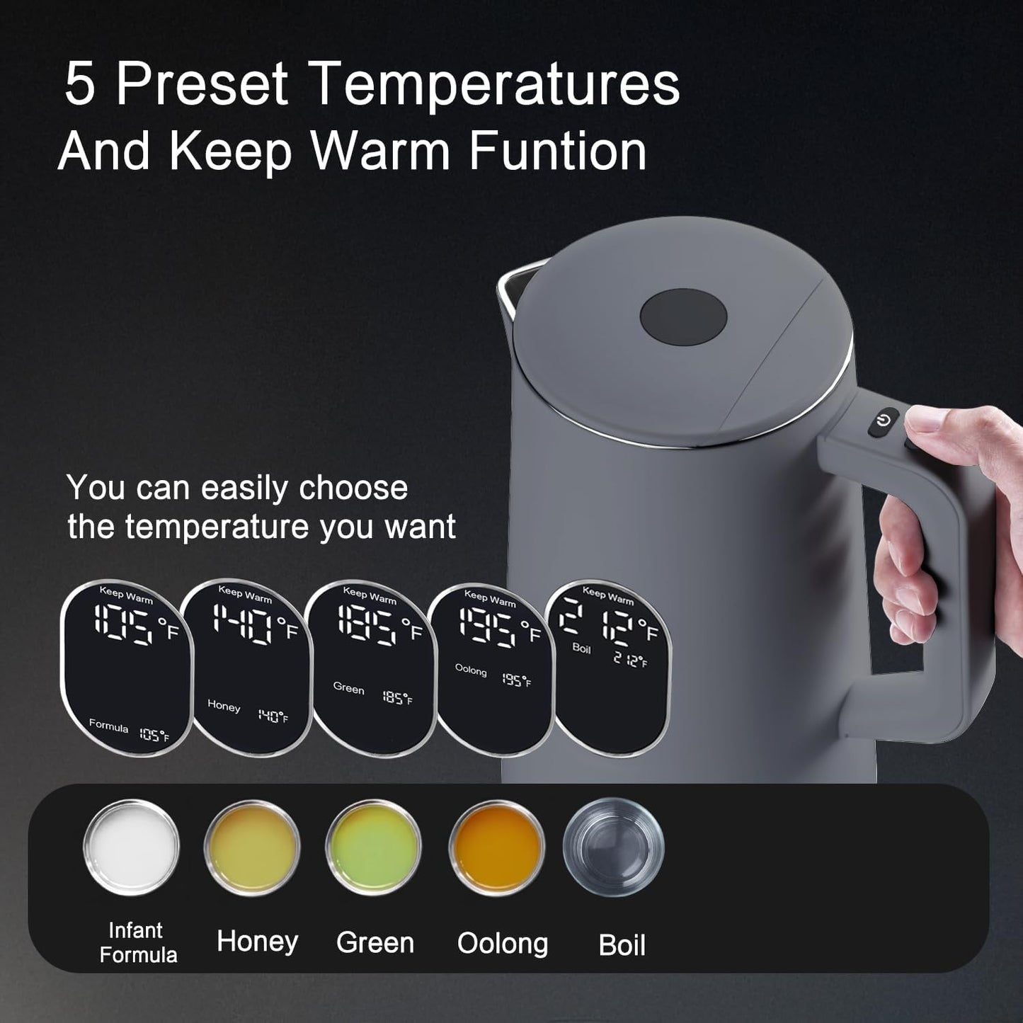 1.5L Electric Kettle Stainless Steel, Double Wall Cool Touch Teapot, Fast Boil,5 Temperature Control, LED Display, Auto Shut-Off, BPA-Free,Keep Warm Function, Ideal for Tea & Coffee,Gray